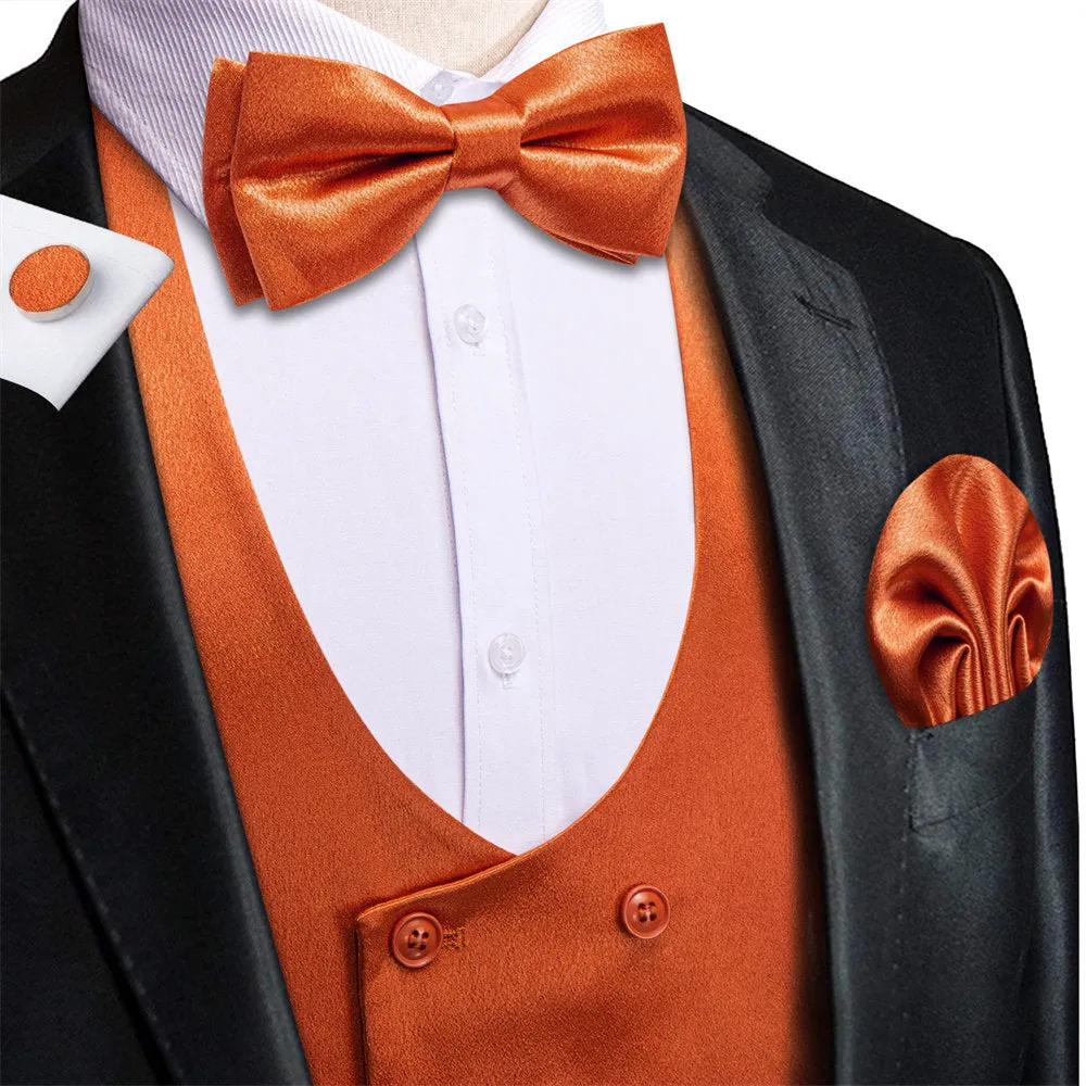 Hi-Tie Rust Orange Solid U-Neck Double-Breasted Vest Set