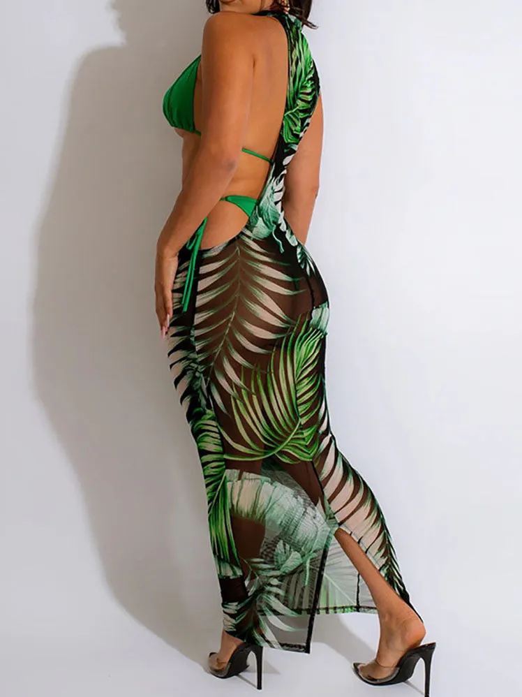 Irregular Print Mesh Maxi Dress with Bikini Set