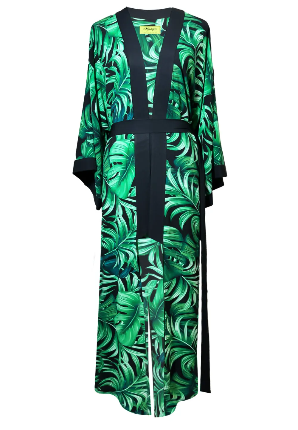 Jungle - Monstera Black / Green Maxi Split Kaftan (Black)