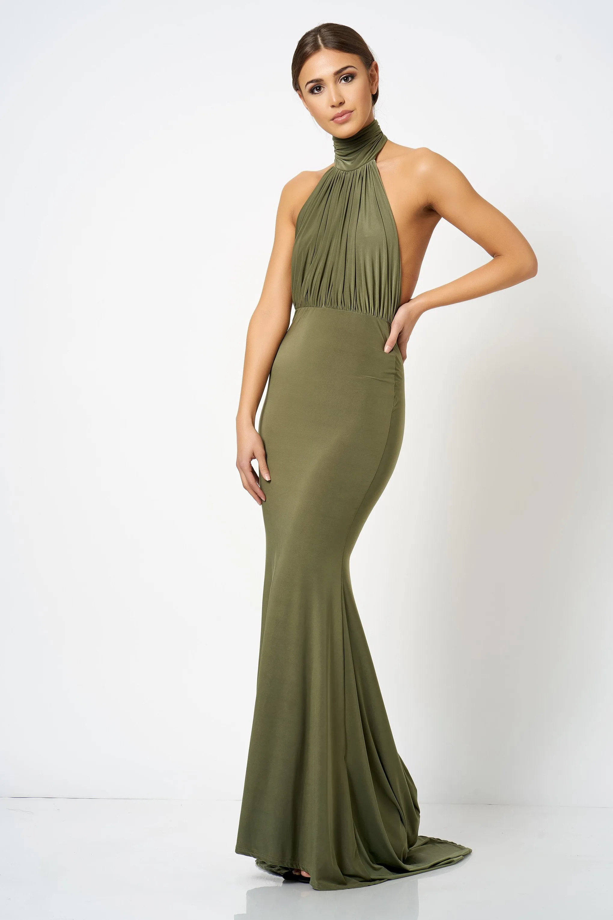 Khaki Backless Halter Neck Fishtail Maxi Dress