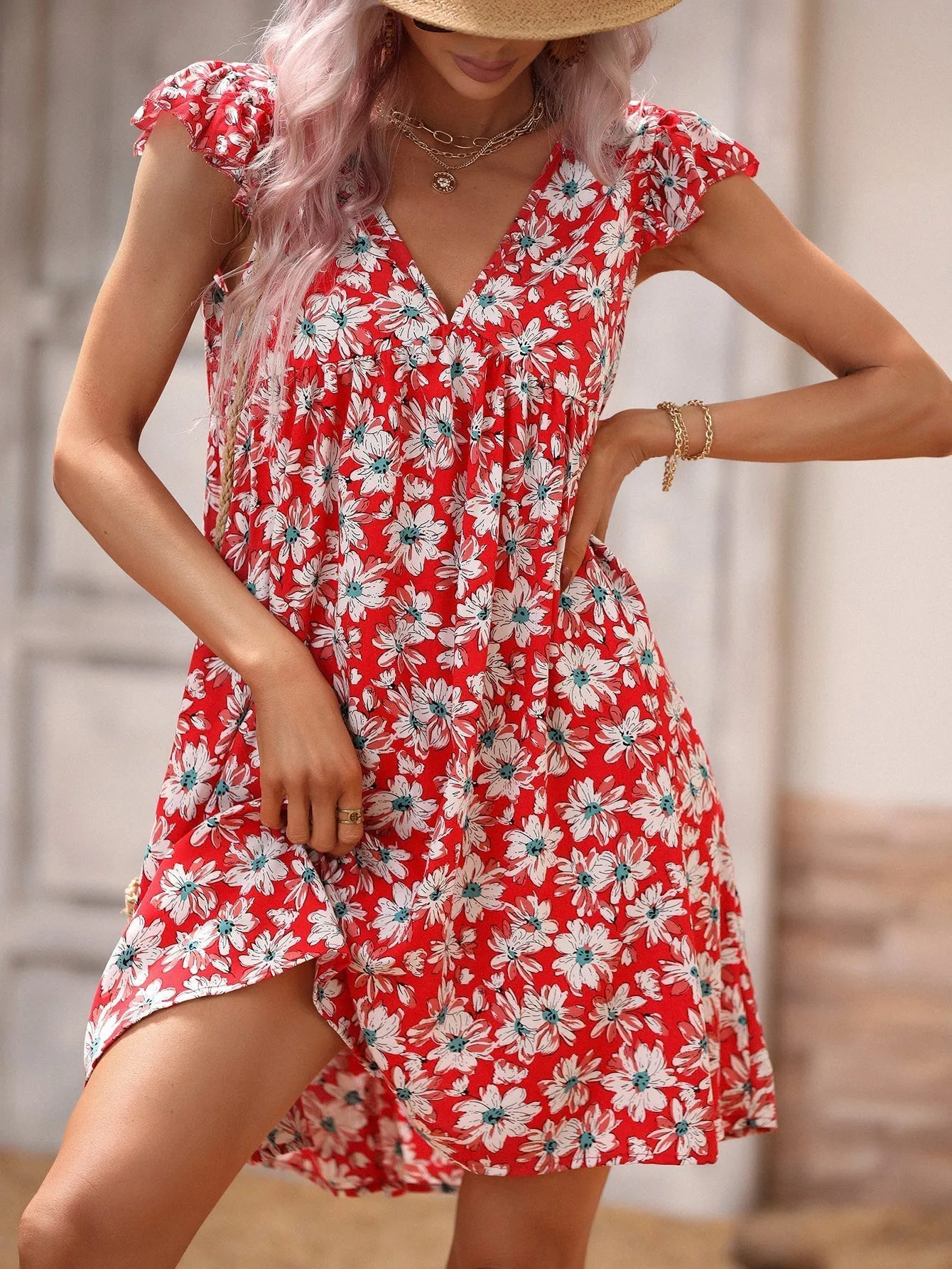 KittenAlarm - Allover Print V Neck Smocked Flare Dress