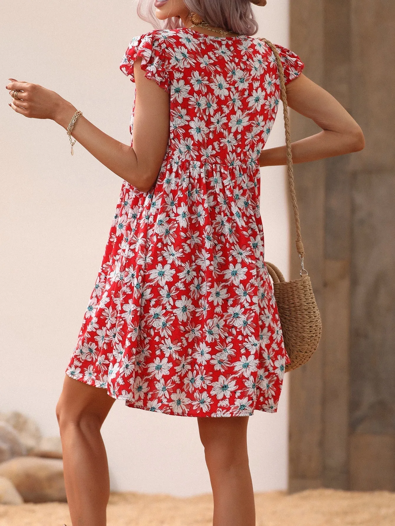 KittenAlarm - Allover Print V Neck Smocked Flare Dress