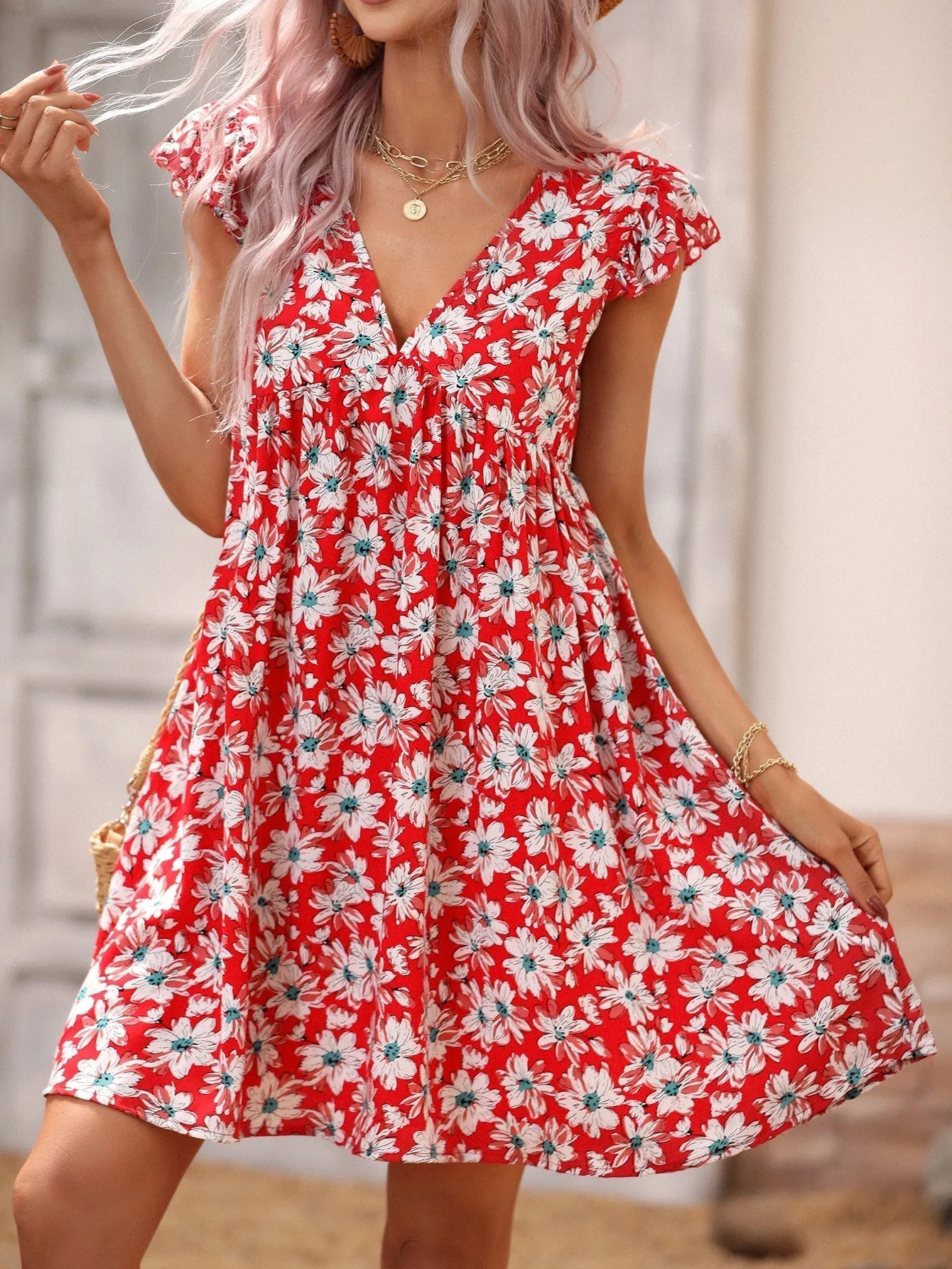 KittenAlarm - Allover Print V Neck Smocked Flare Dress