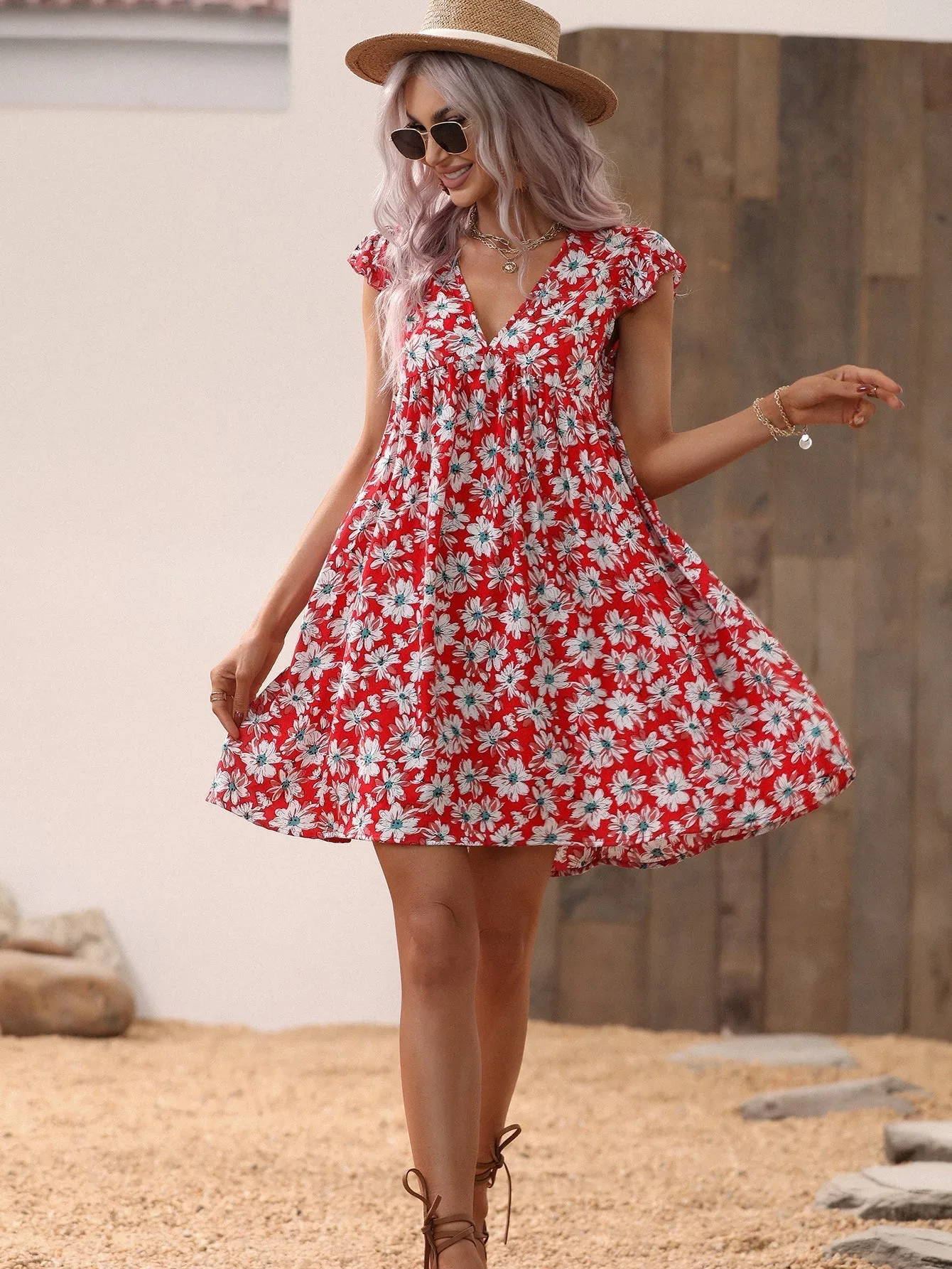 KittenAlarm - Allover Print V Neck Smocked Flare Dress