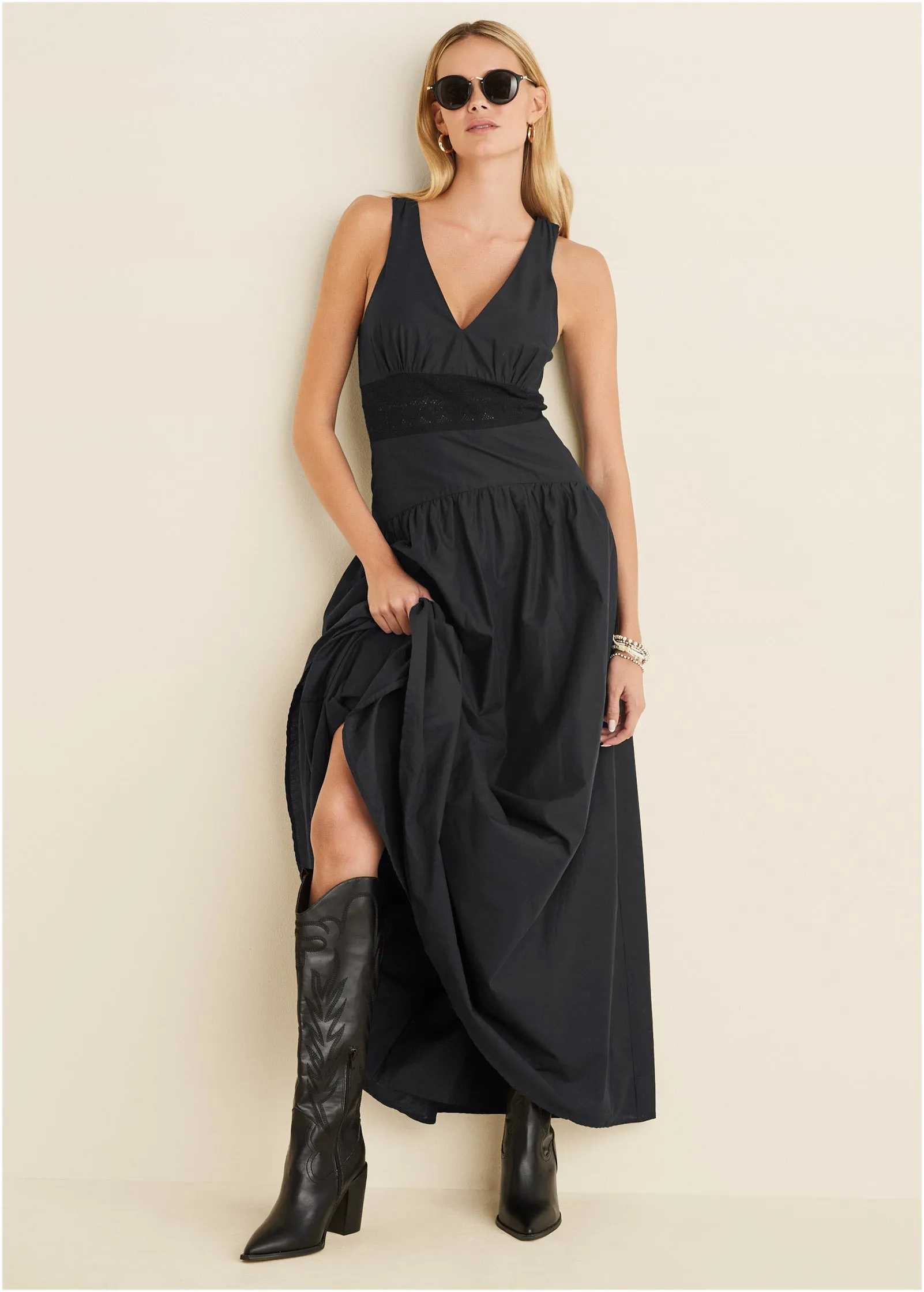 Lace Detail Drop Waist Maxi - Black