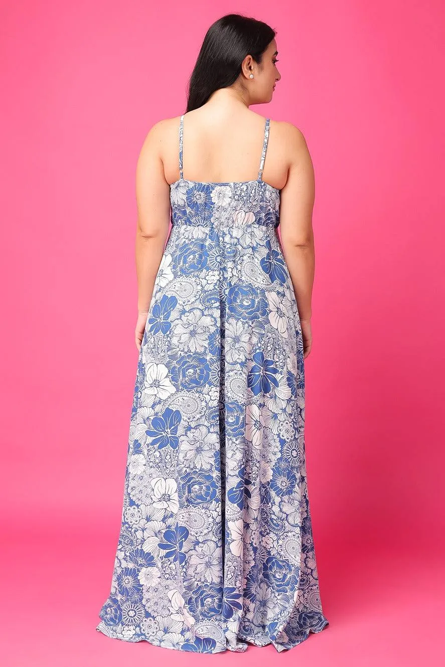 Light Blue & White Floral Printed Maxi Dress