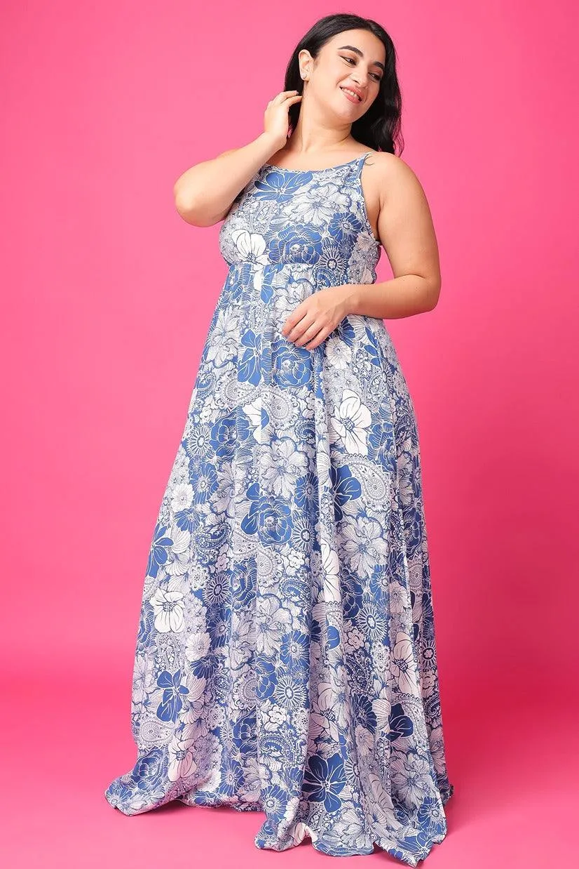 Light Blue & White Floral Printed Maxi Dress