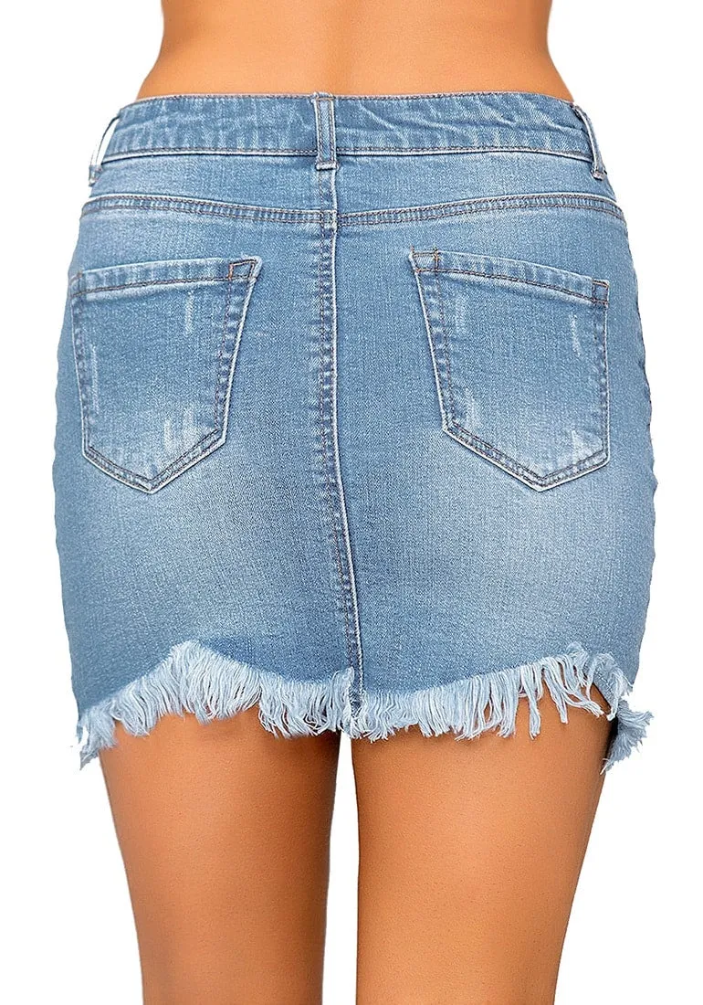 Light Blue Frayed Raw Hem Buttons Denim Mini Skirt