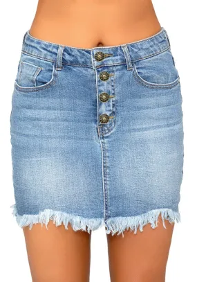 Light Blue Frayed Raw Hem Buttons Denim Mini Skirt