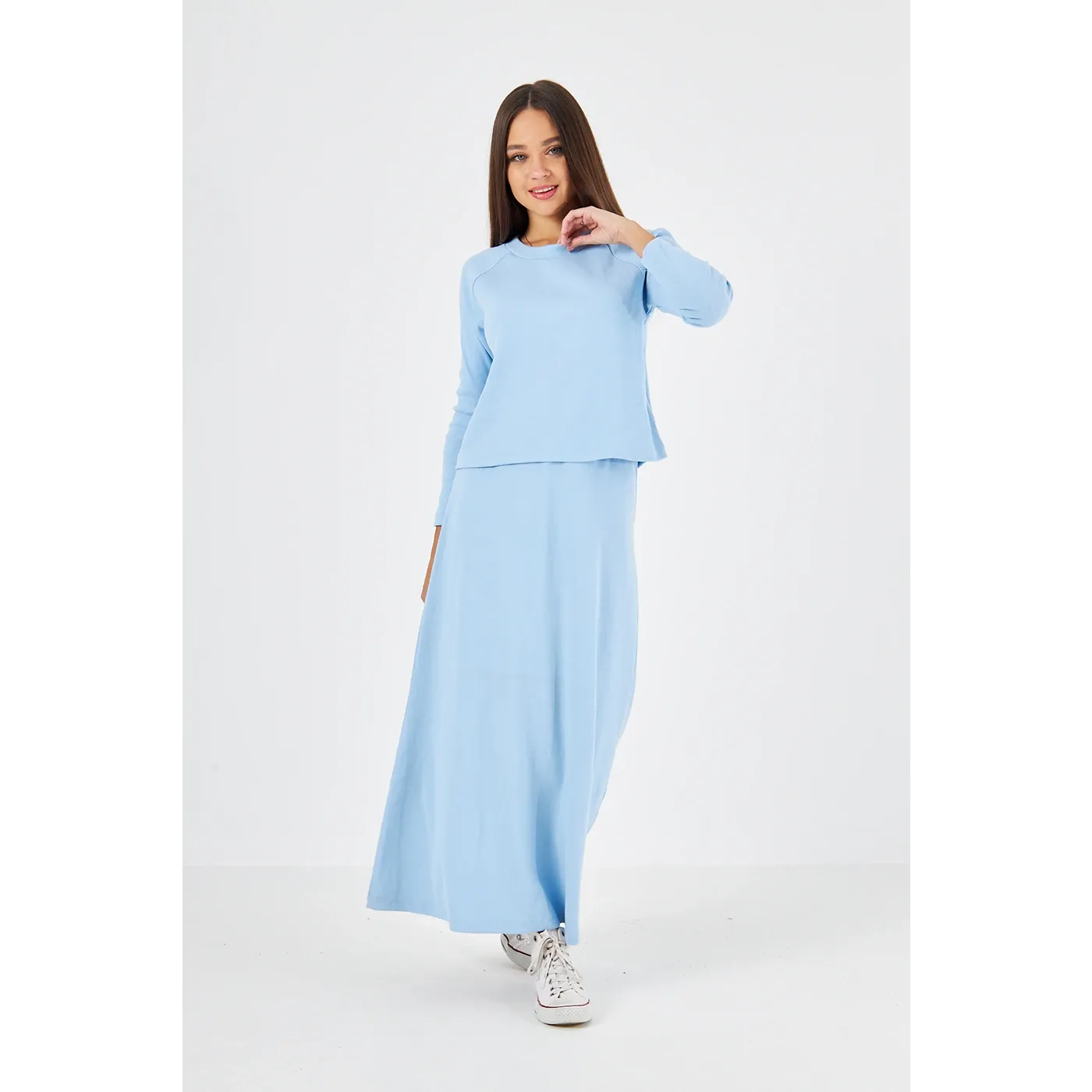 Light Blue Ribbed Top & Skirt Matching Set