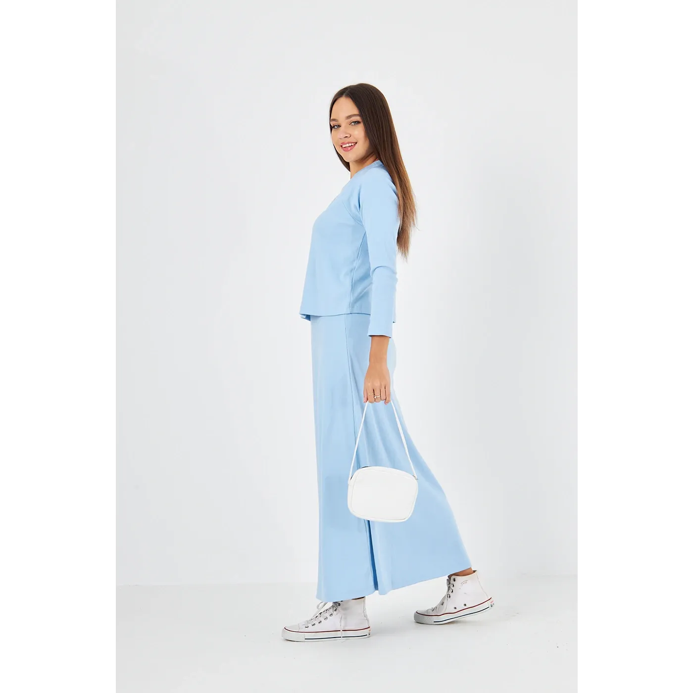 Light Blue Ribbed Top & Skirt Matching Set