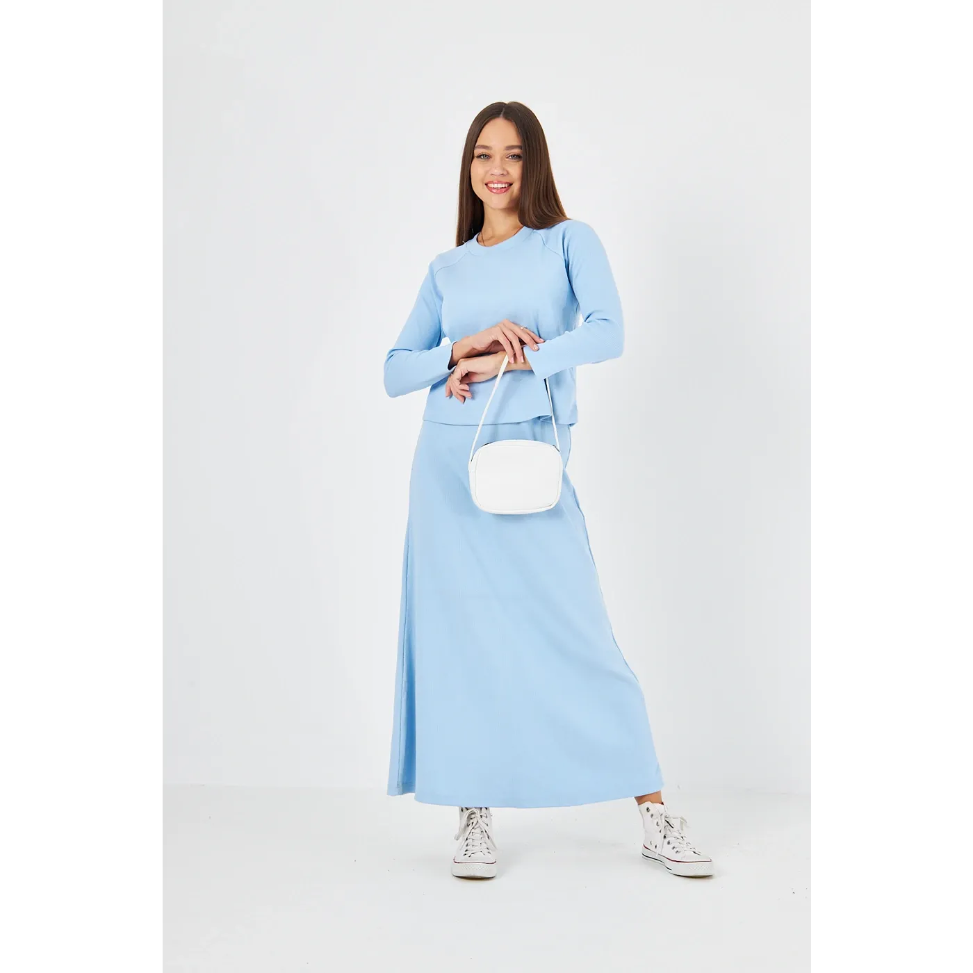 Light Blue Ribbed Top & Skirt Matching Set