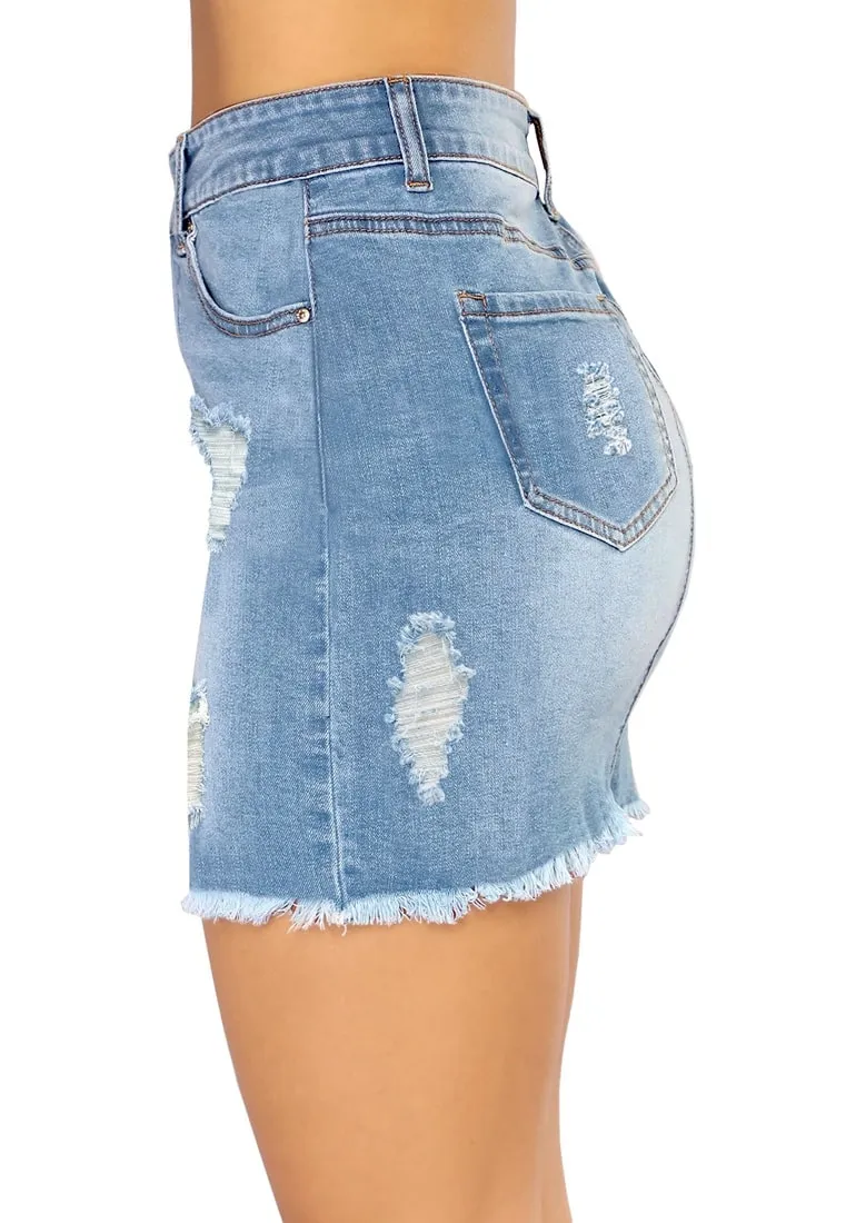 Light Blue Ripped Frayed Hem Denim Skirt