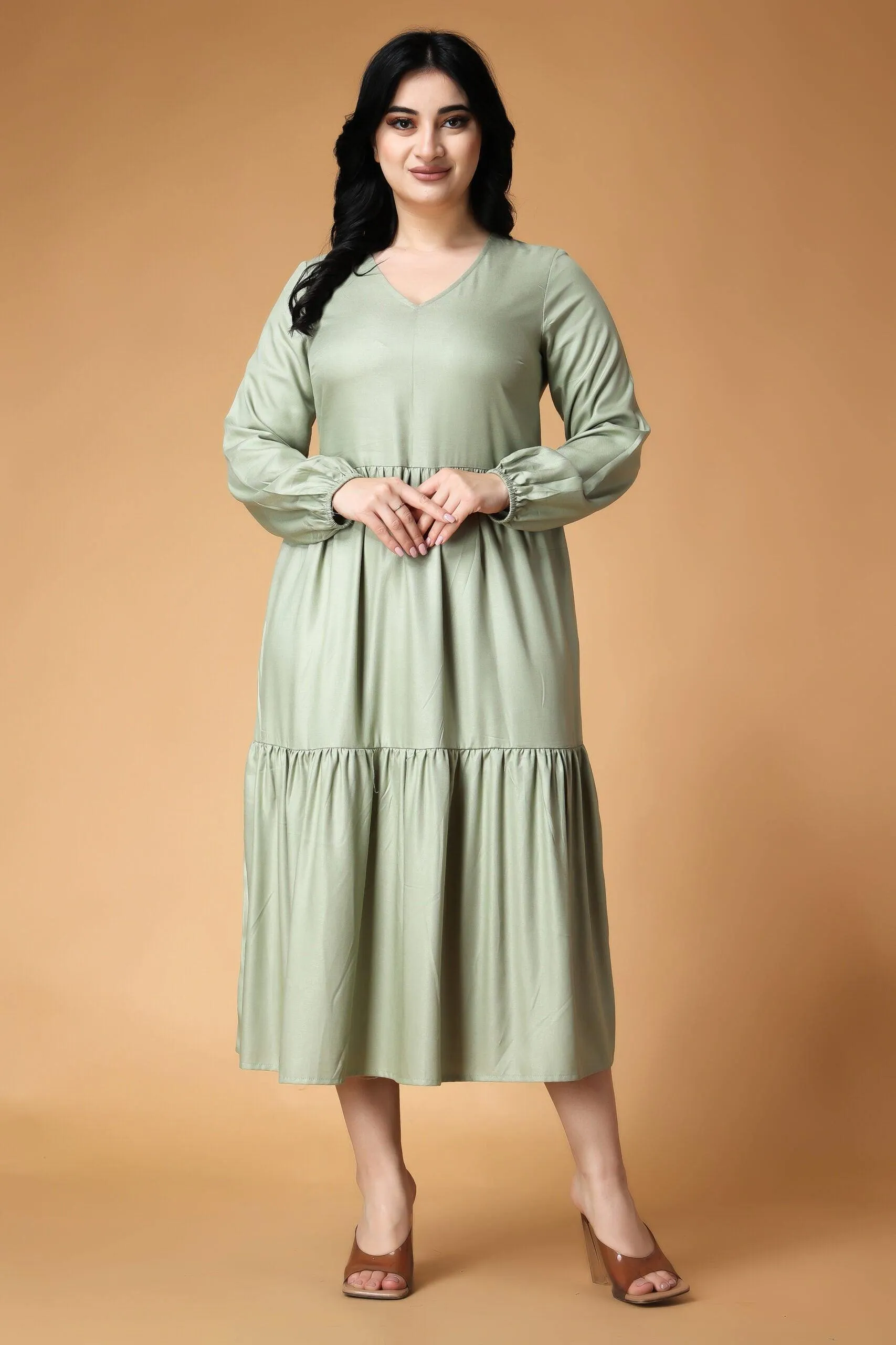 Light Green Solid Layered Frill Maxi Dress