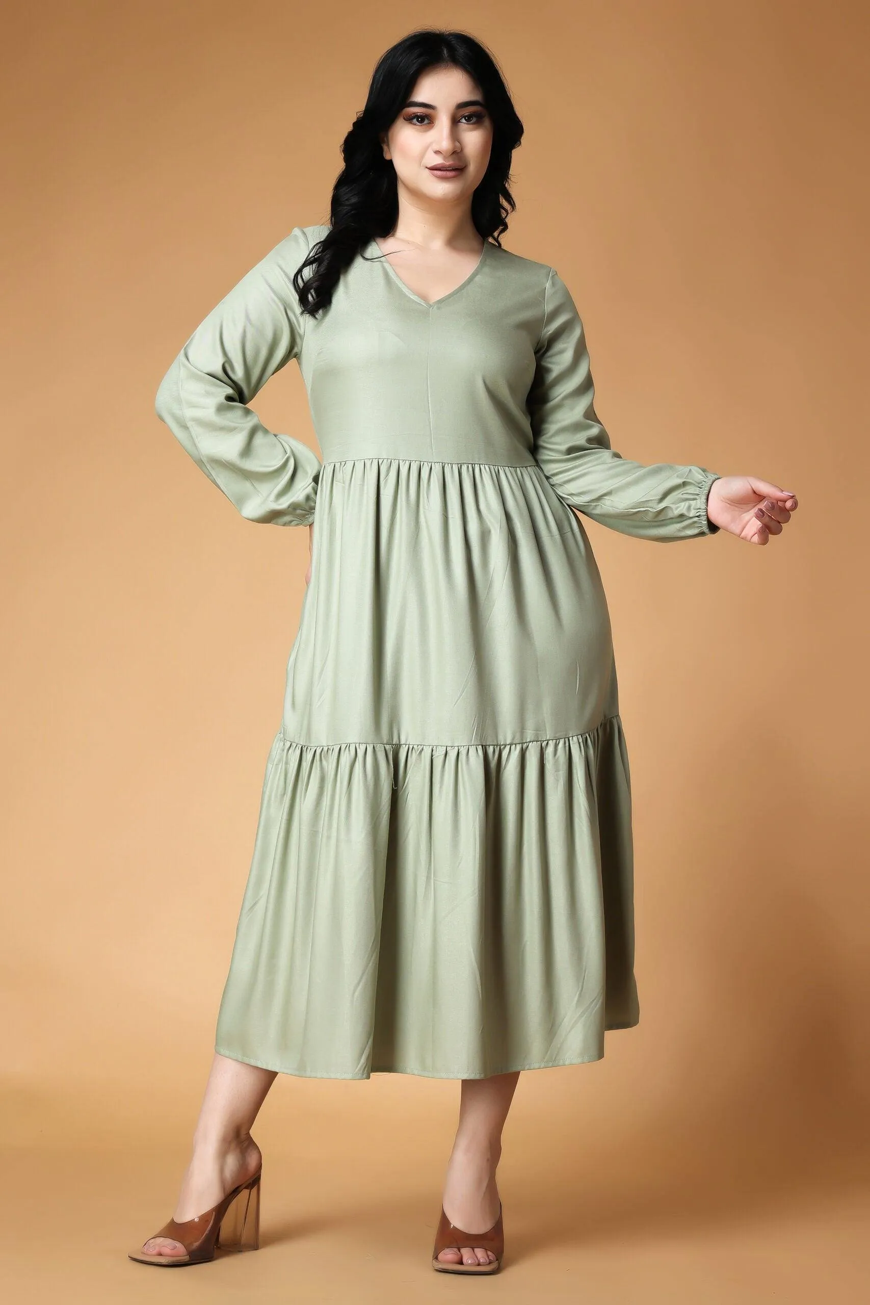 Light Green Solid Layered Frill Maxi Dress