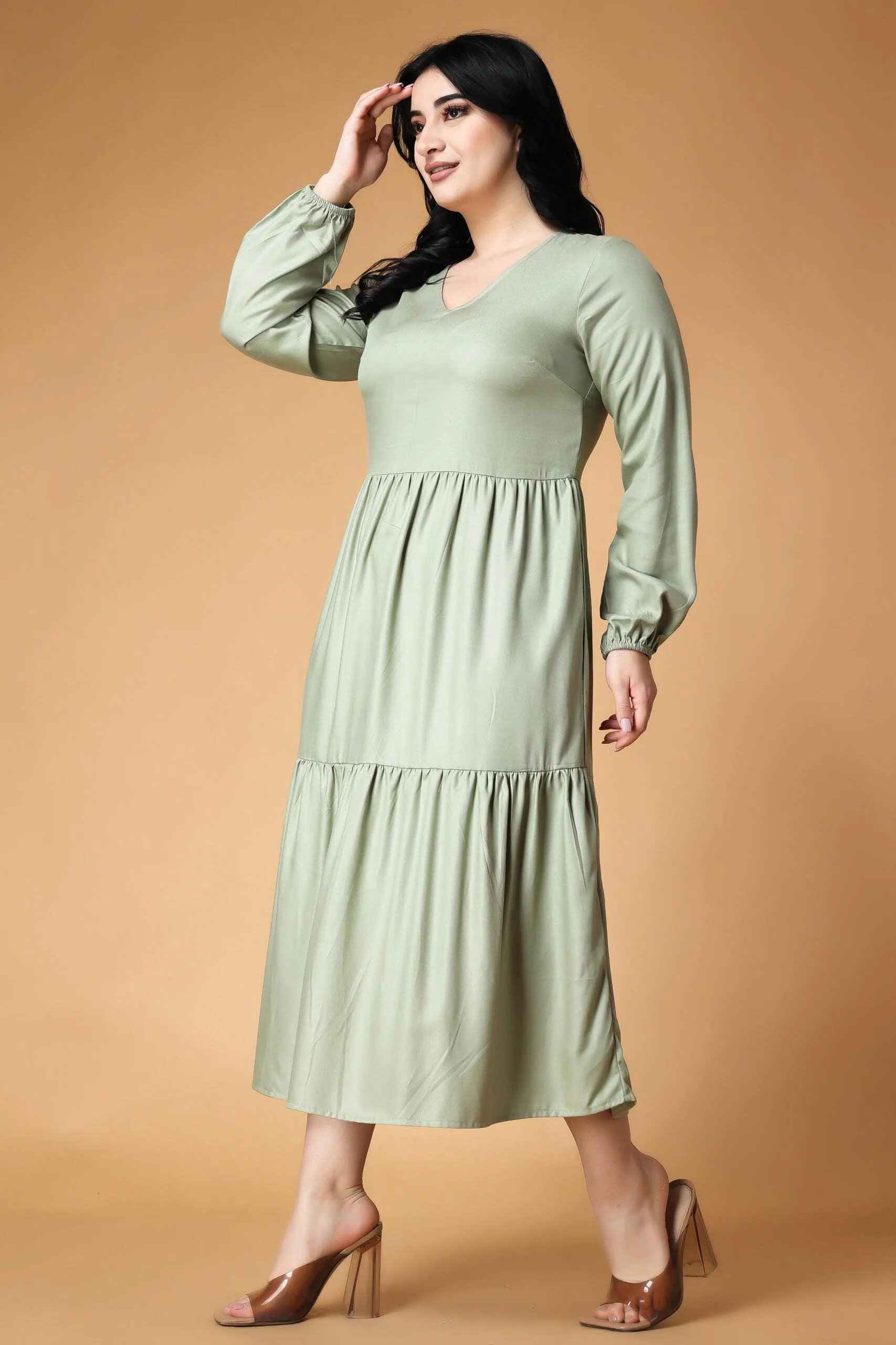 Light Green Solid Layered Frill Maxi Dress