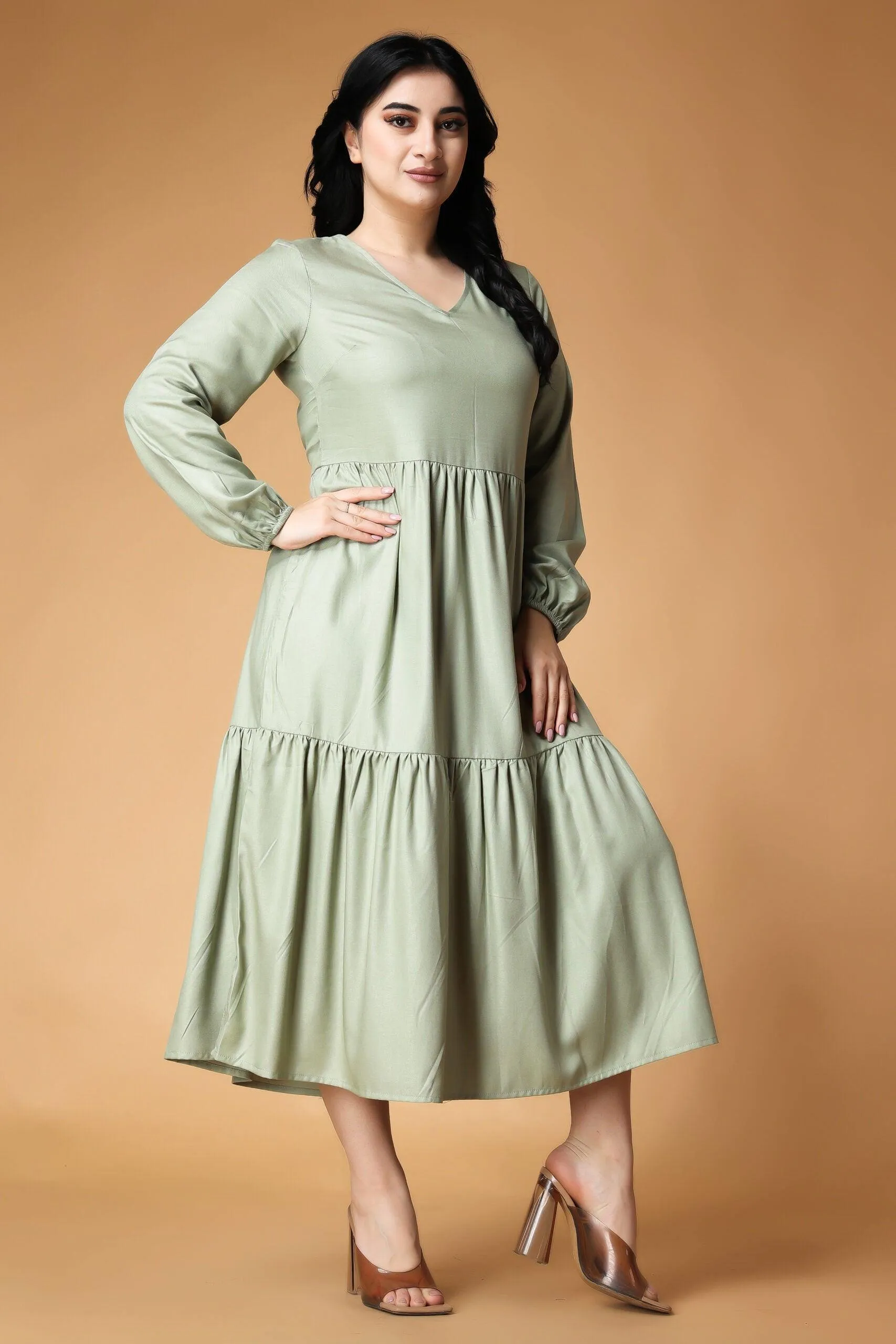 Light Green Solid Layered Frill Maxi Dress