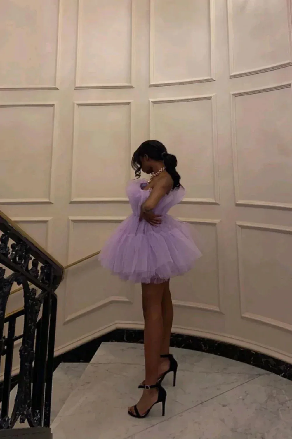 Light purple tulle mini prom dresses strapless pleated homecoming dress      fg1875