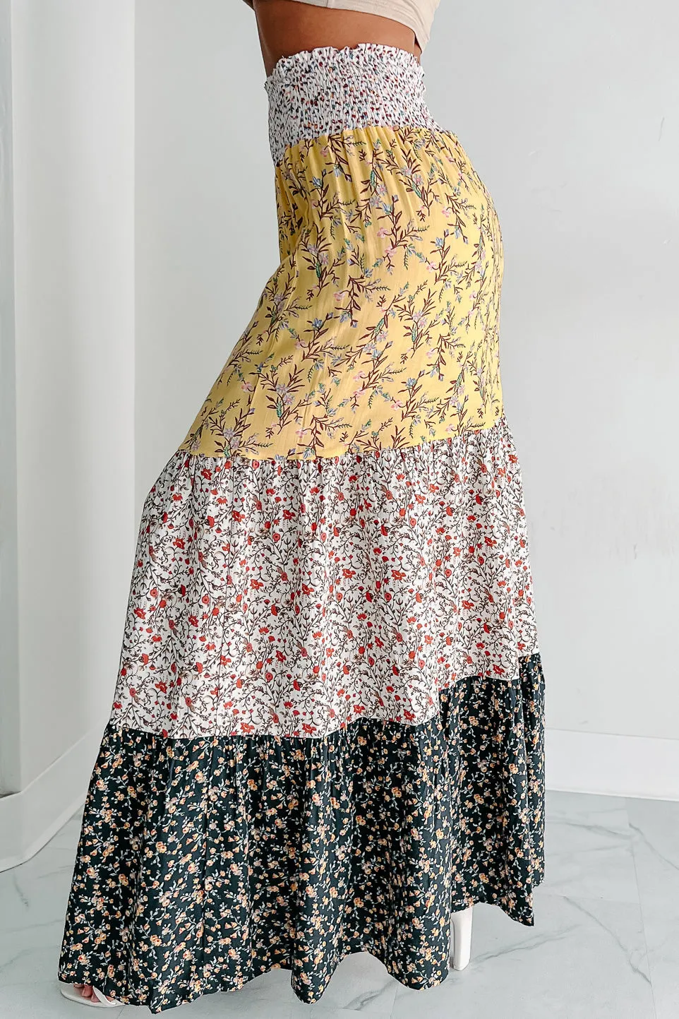 Living In The Sun Tiered Floral Maxi Skirt (Yellow Multi)