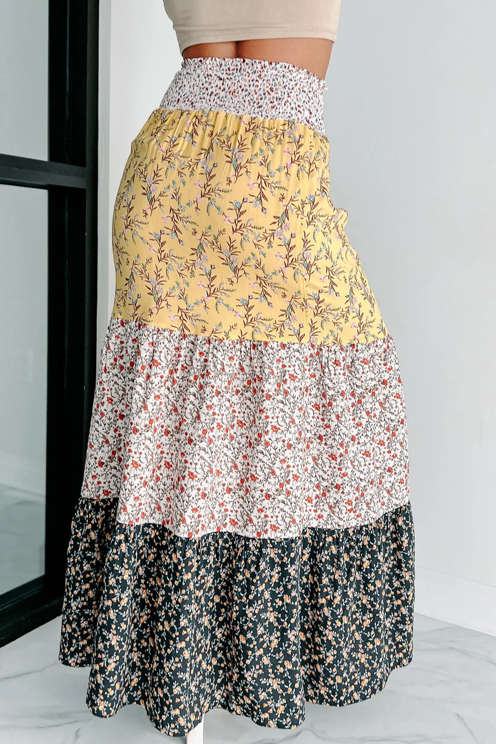 Living In The Sun Tiered Floral Maxi Skirt (Yellow Multi)