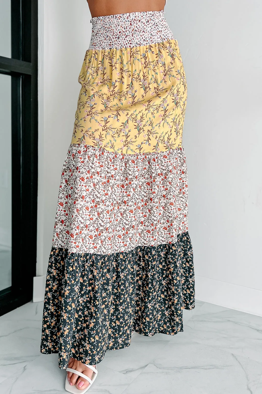 Living In The Sun Tiered Floral Maxi Skirt (Yellow Multi)