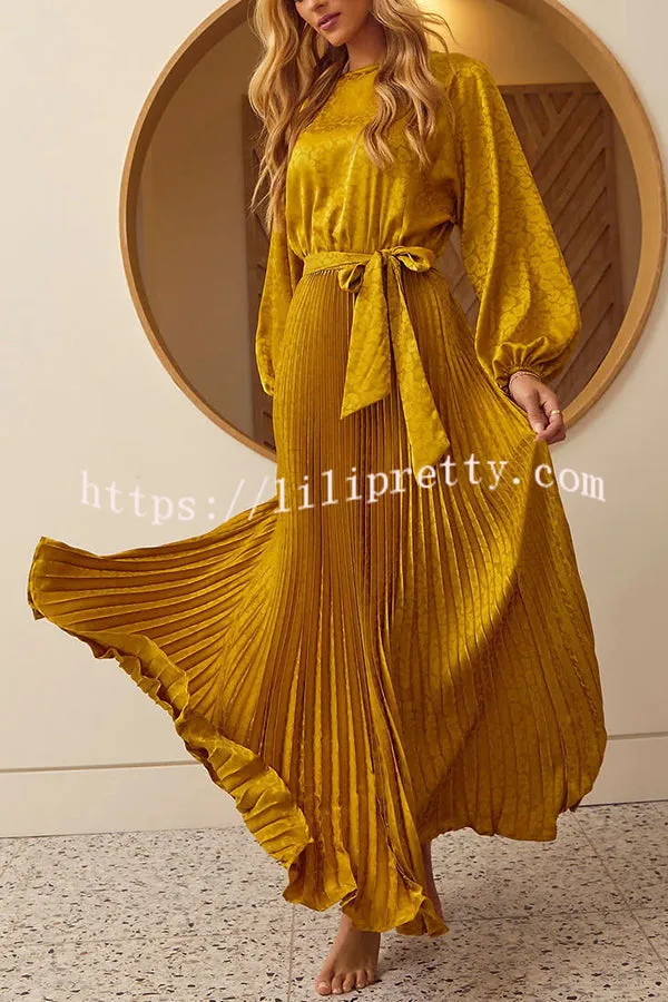 Look Like Fairytale Satin Kimono Sleeve Belt Pleated Maxi Dress