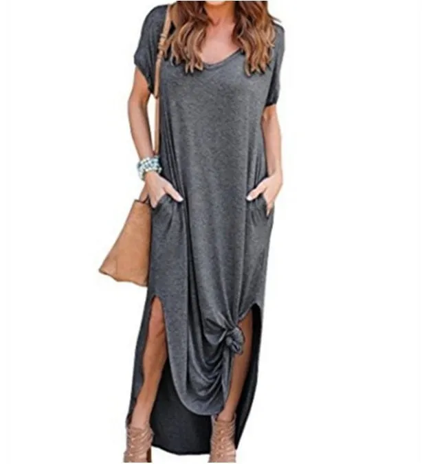 Loose short-sleeve maxi dress with side splits