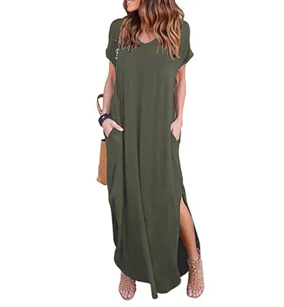 Loose short-sleeve maxi dress with side splits