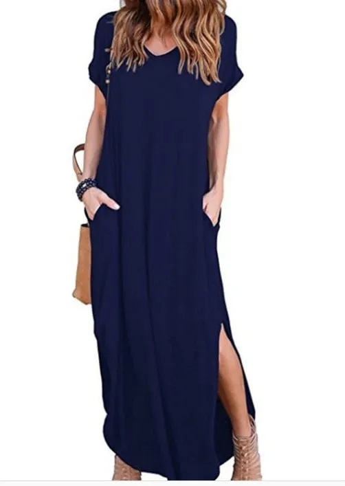 Loose short-sleeve maxi dress with side splits