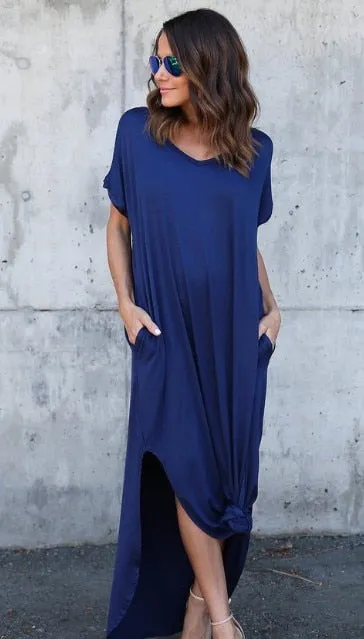 Loose short-sleeve maxi dress with side splits