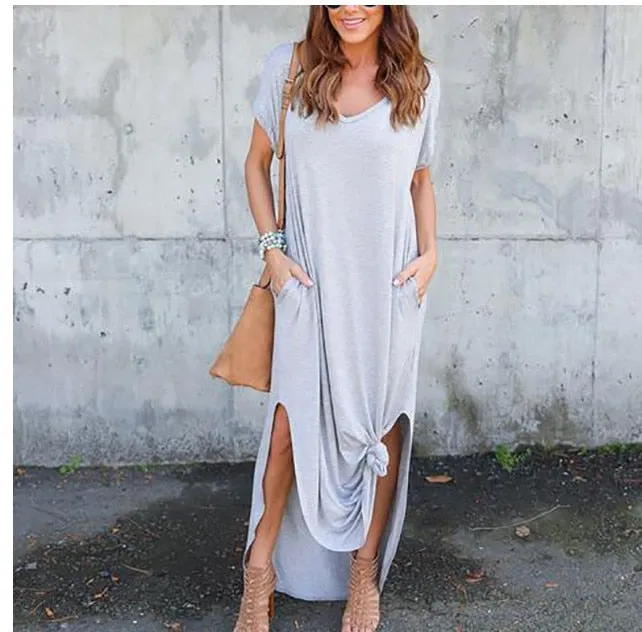 Loose short-sleeve maxi dress with side splits