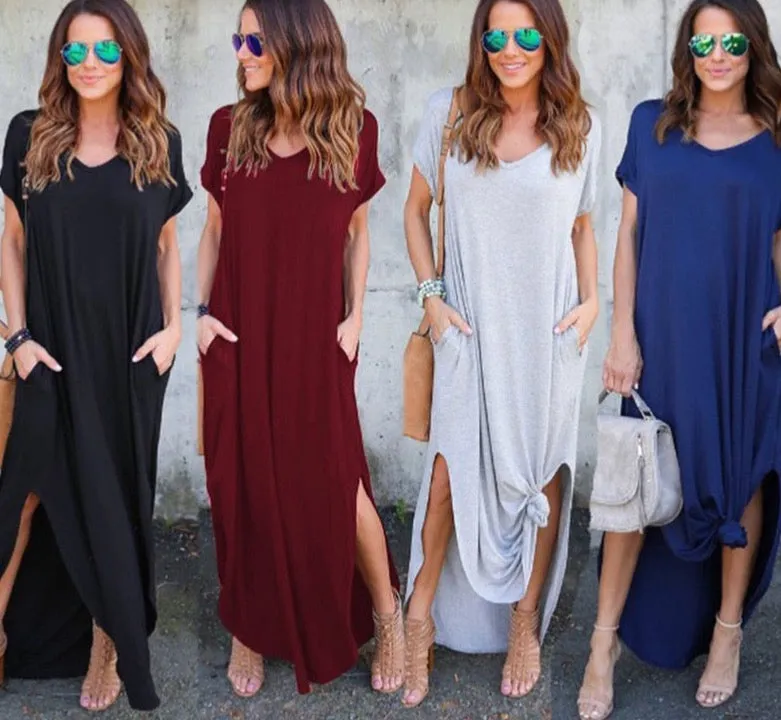 Loose short-sleeve maxi dress with side splits