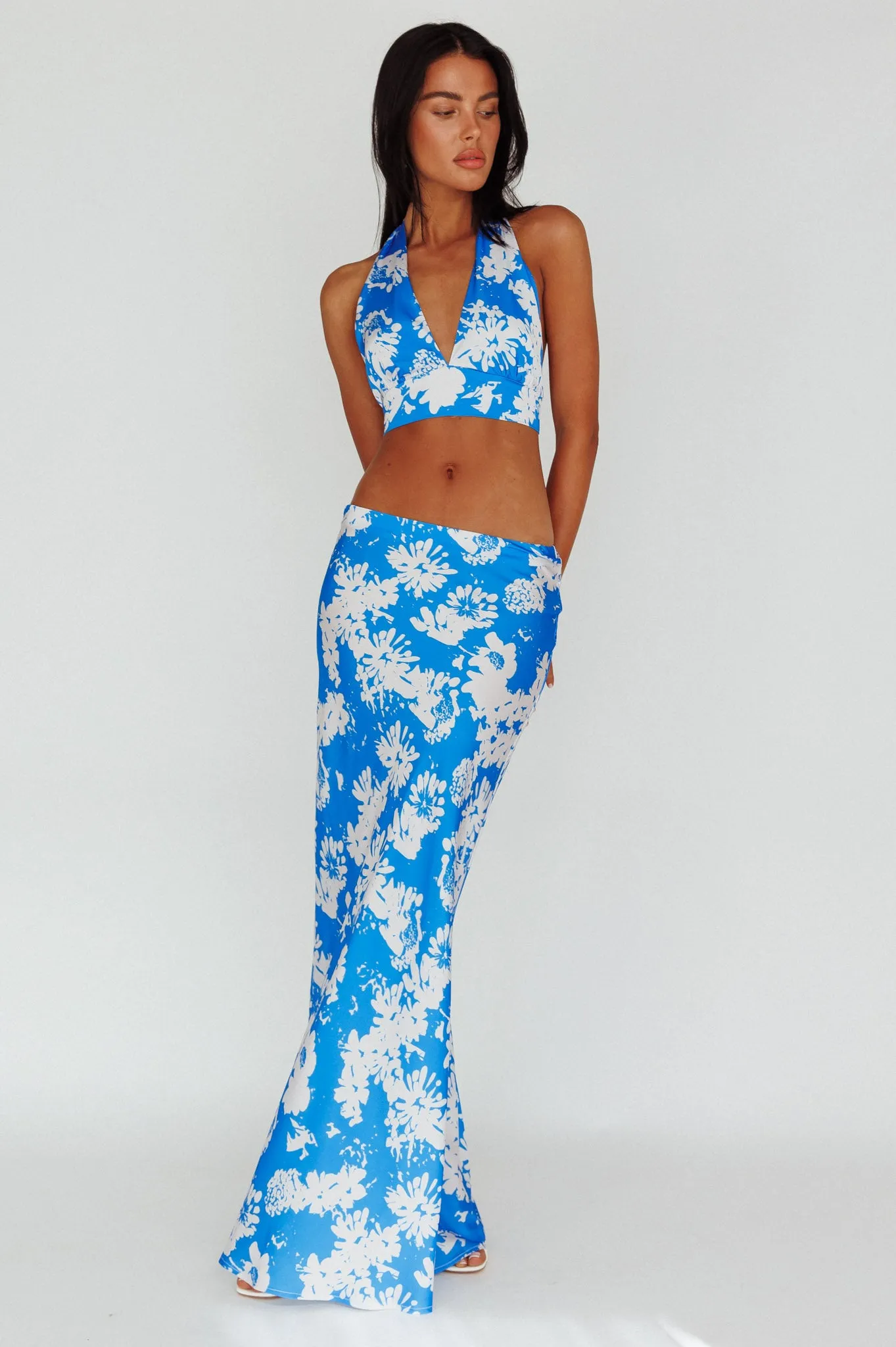 Manila Satin Maxi Skirt Blue Floral