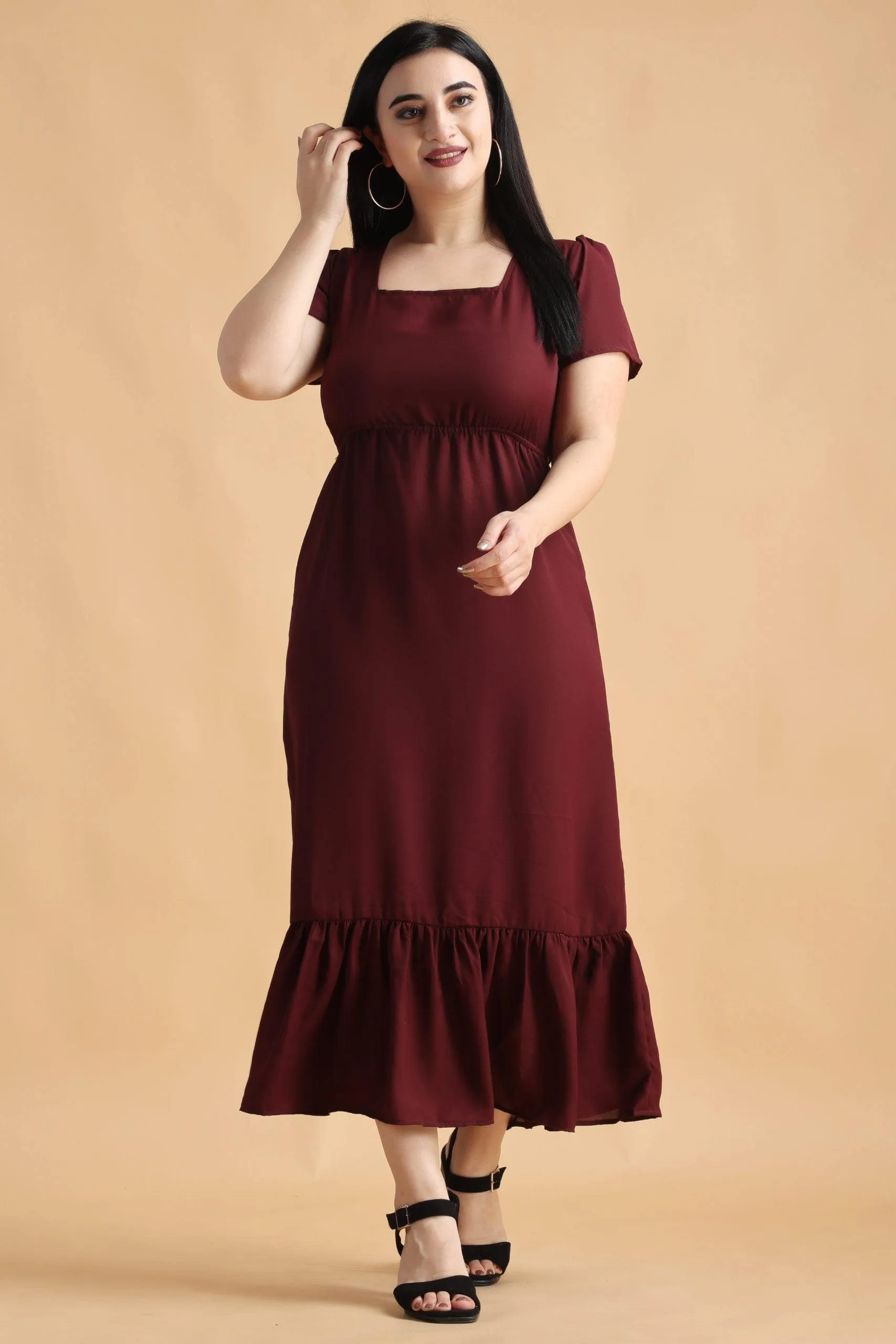 Maroon Solid Backless Tie Dress