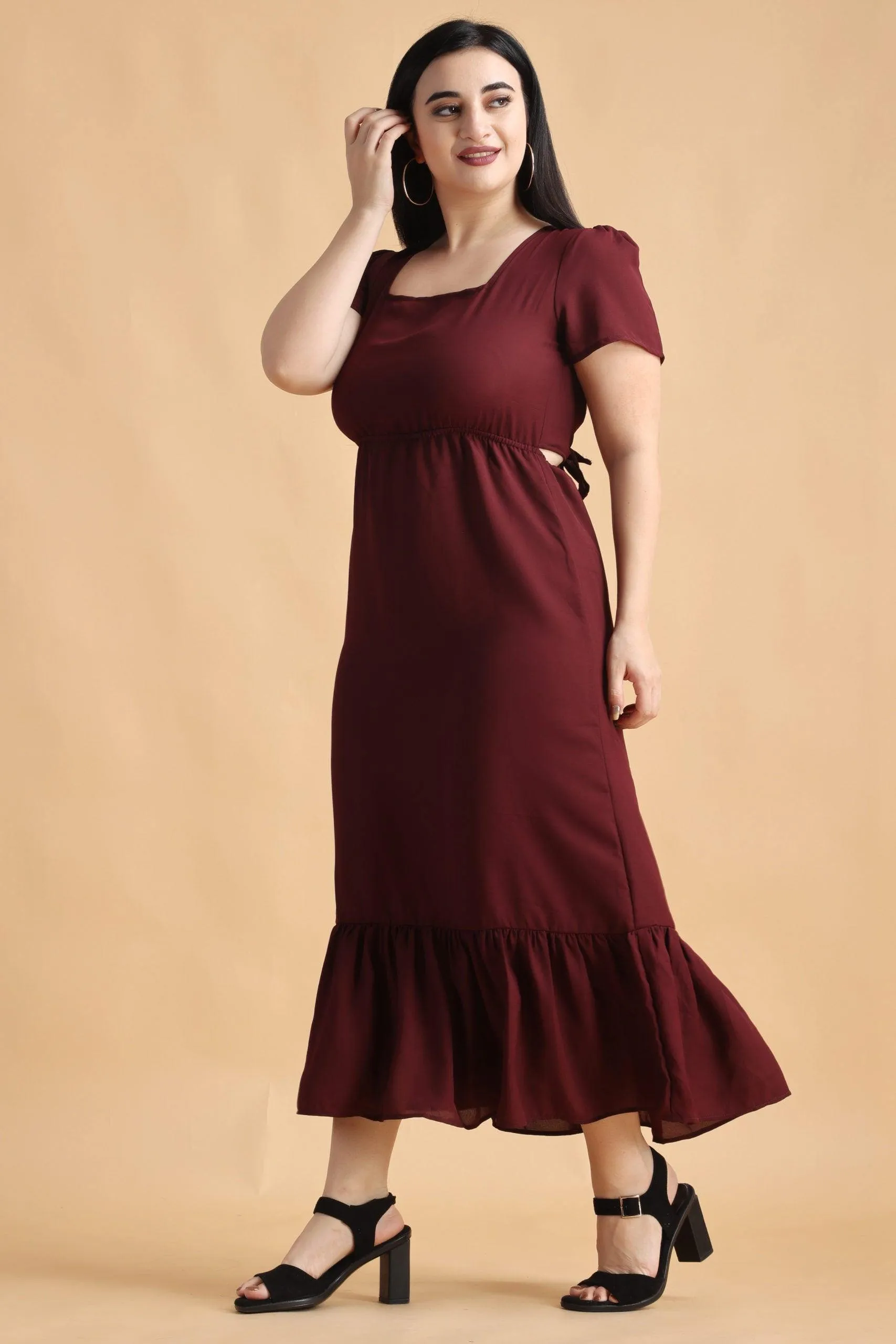 Maroon Solid Backless Tie Dress