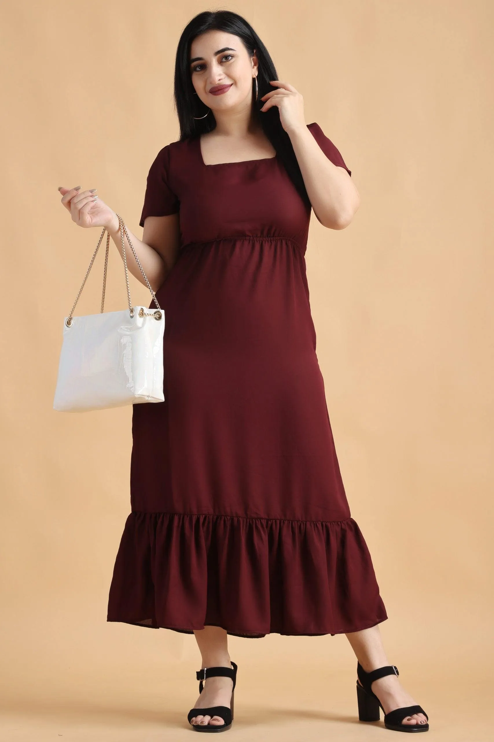 Maroon Solid Backless Tie Dress