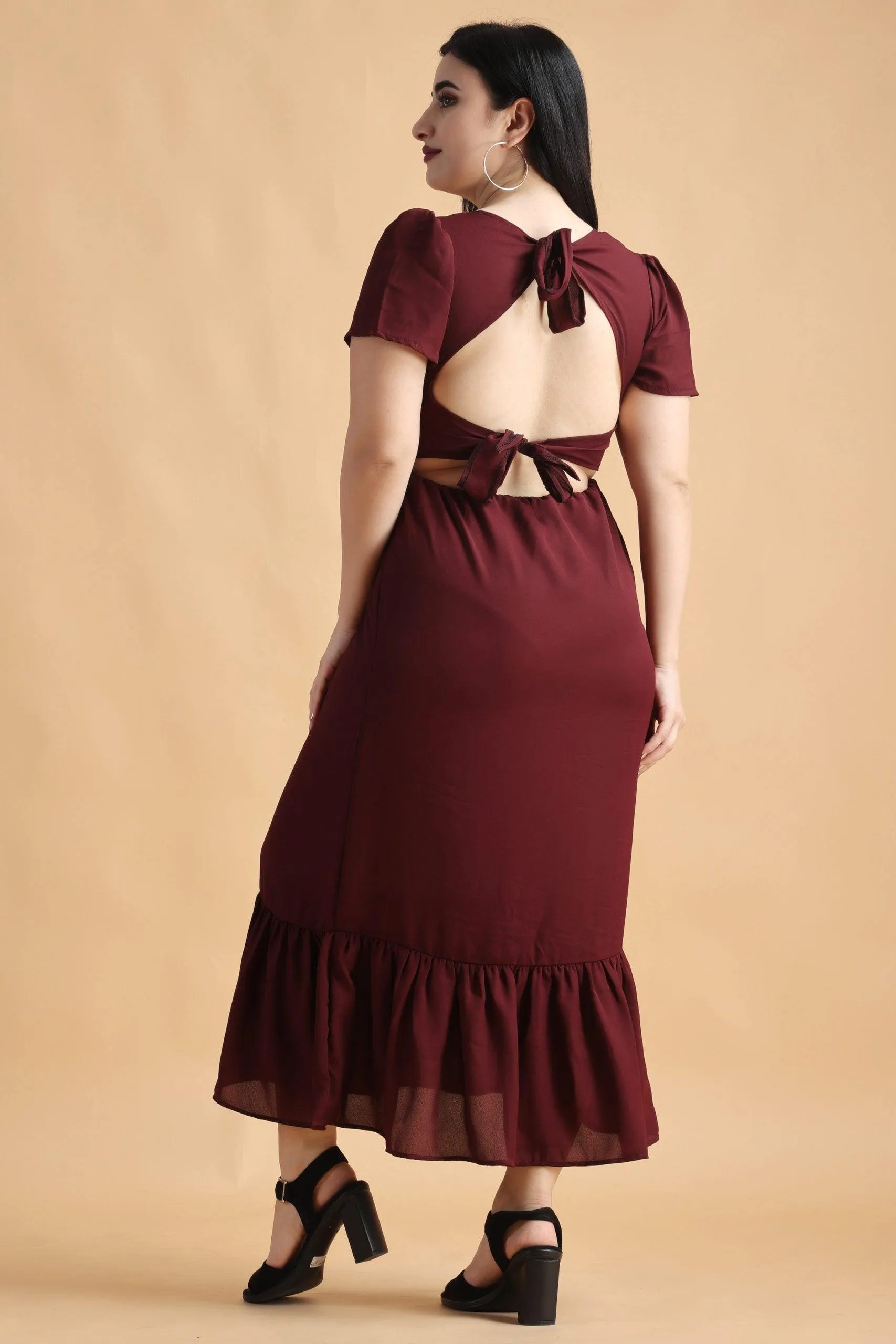 Maroon Solid Backless Tie Dress