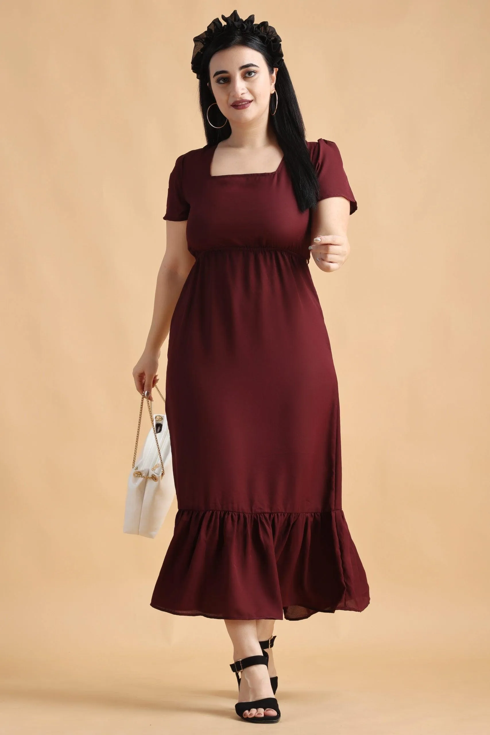 Maroon Solid Backless Tie Dress