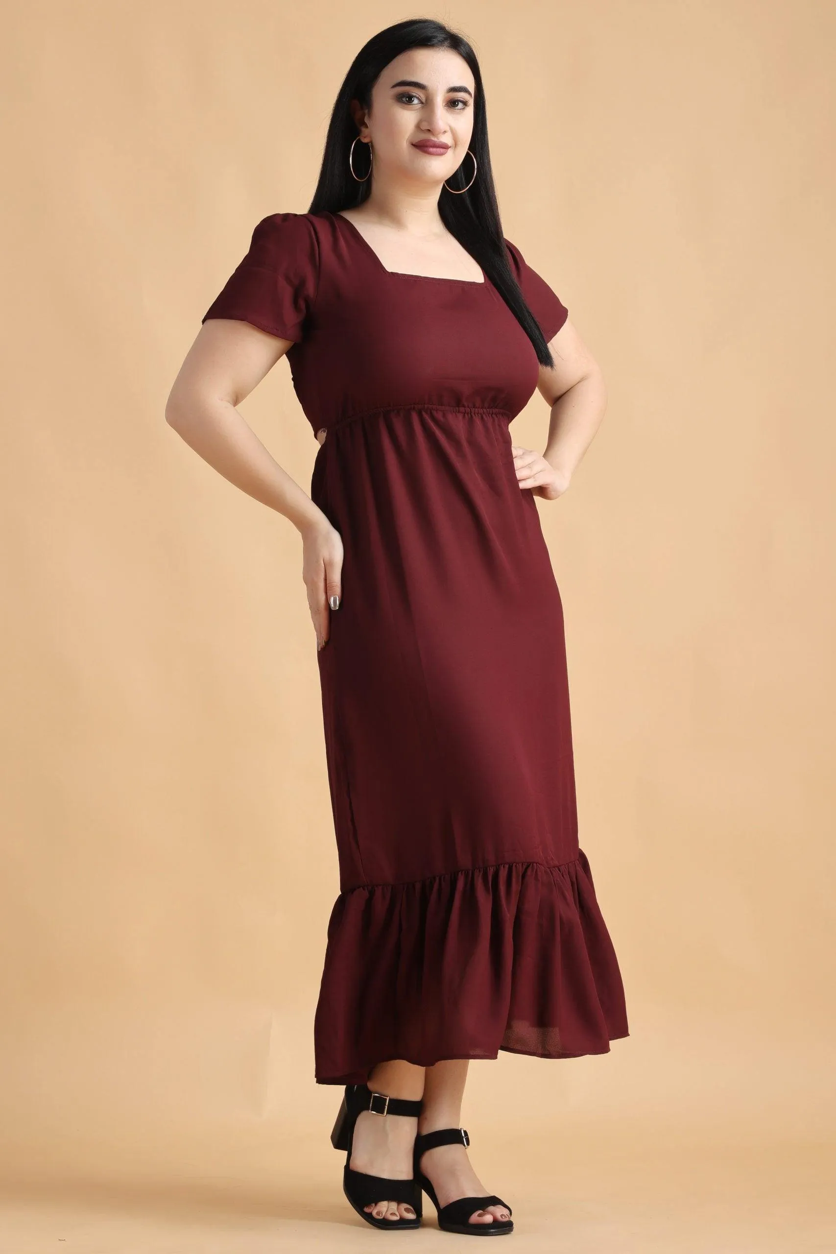 Maroon Solid Backless Tie Dress