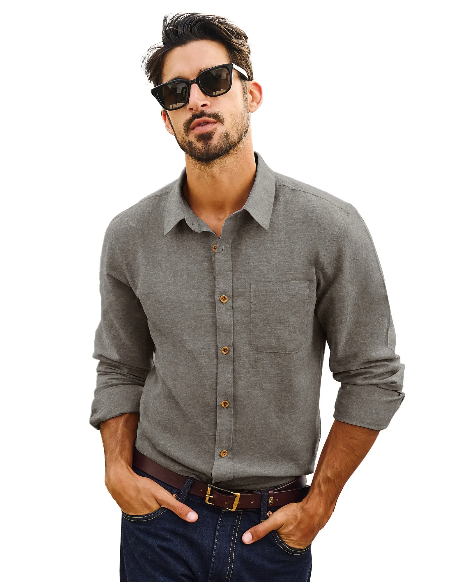 Men Cotton & Linen Shirt Casual Long Sleeve Lapel Collar Curved Hem Tops