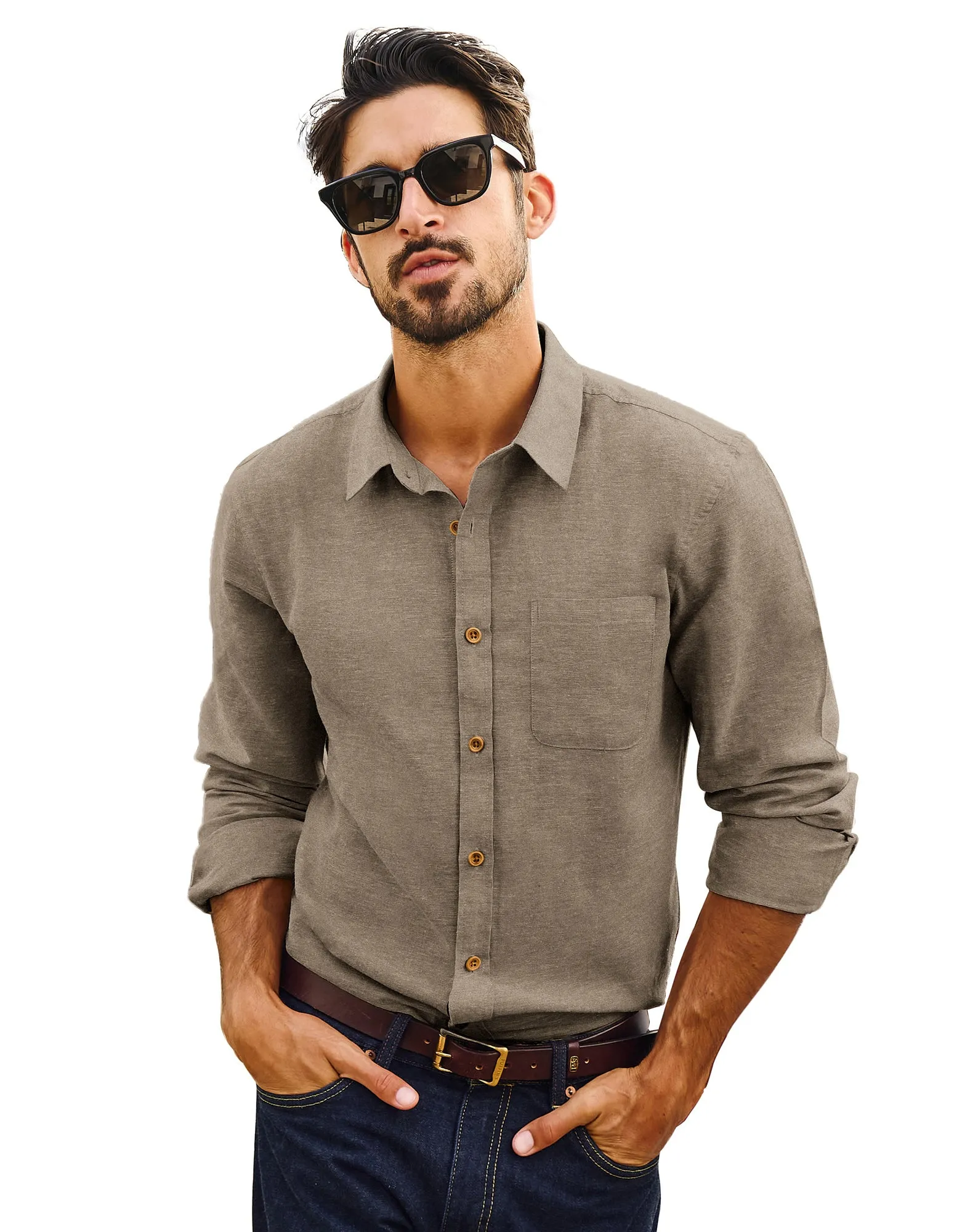 Men Cotton & Linen Shirt Casual Long Sleeve Lapel Collar Curved Hem Tops