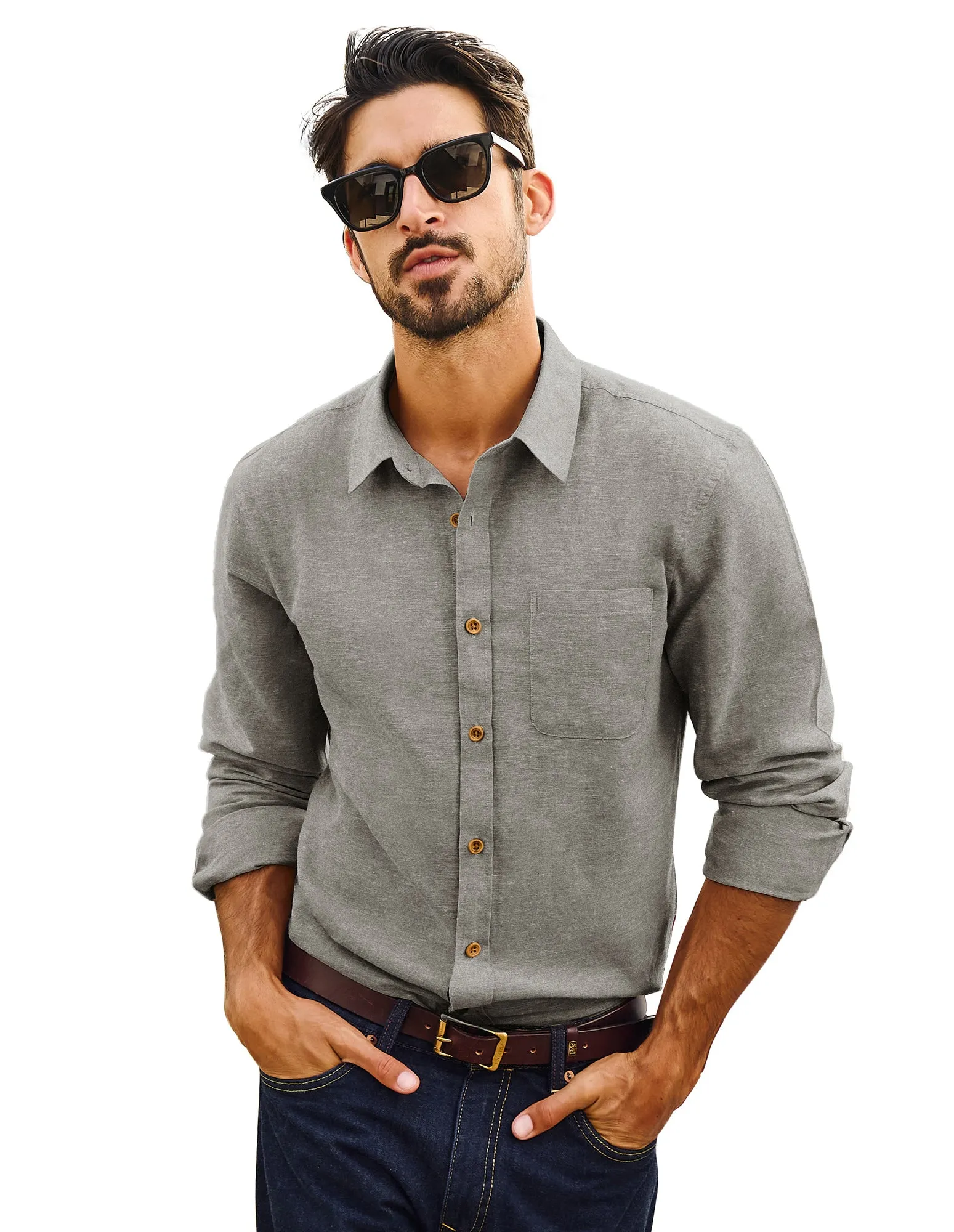 Men Cotton & Linen Shirt Casual Long Sleeve Lapel Collar Curved Hem Tops