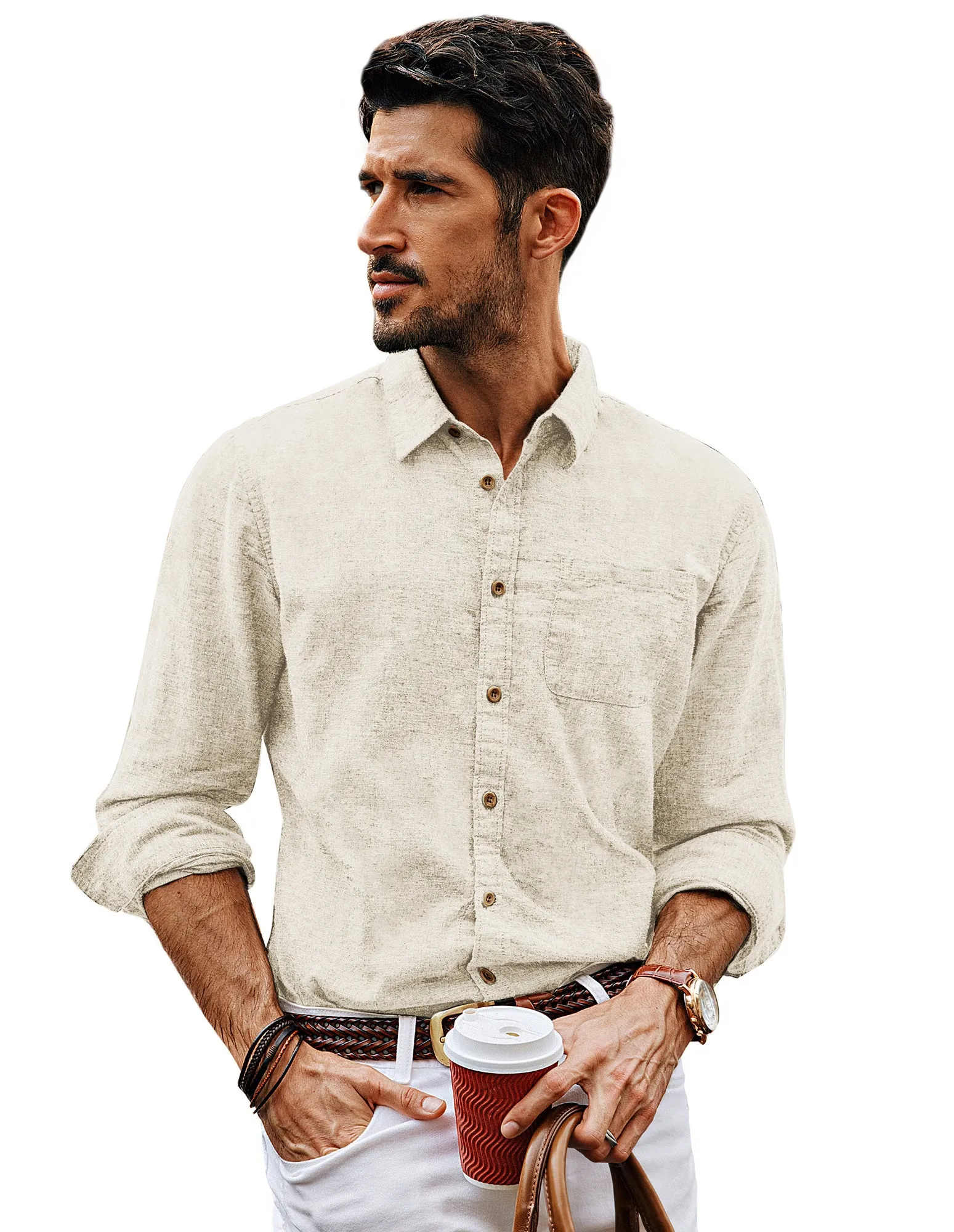 Men Cotton & Linen Shirt Casual Long Sleeve Lapel Collar Curved Hem Tops