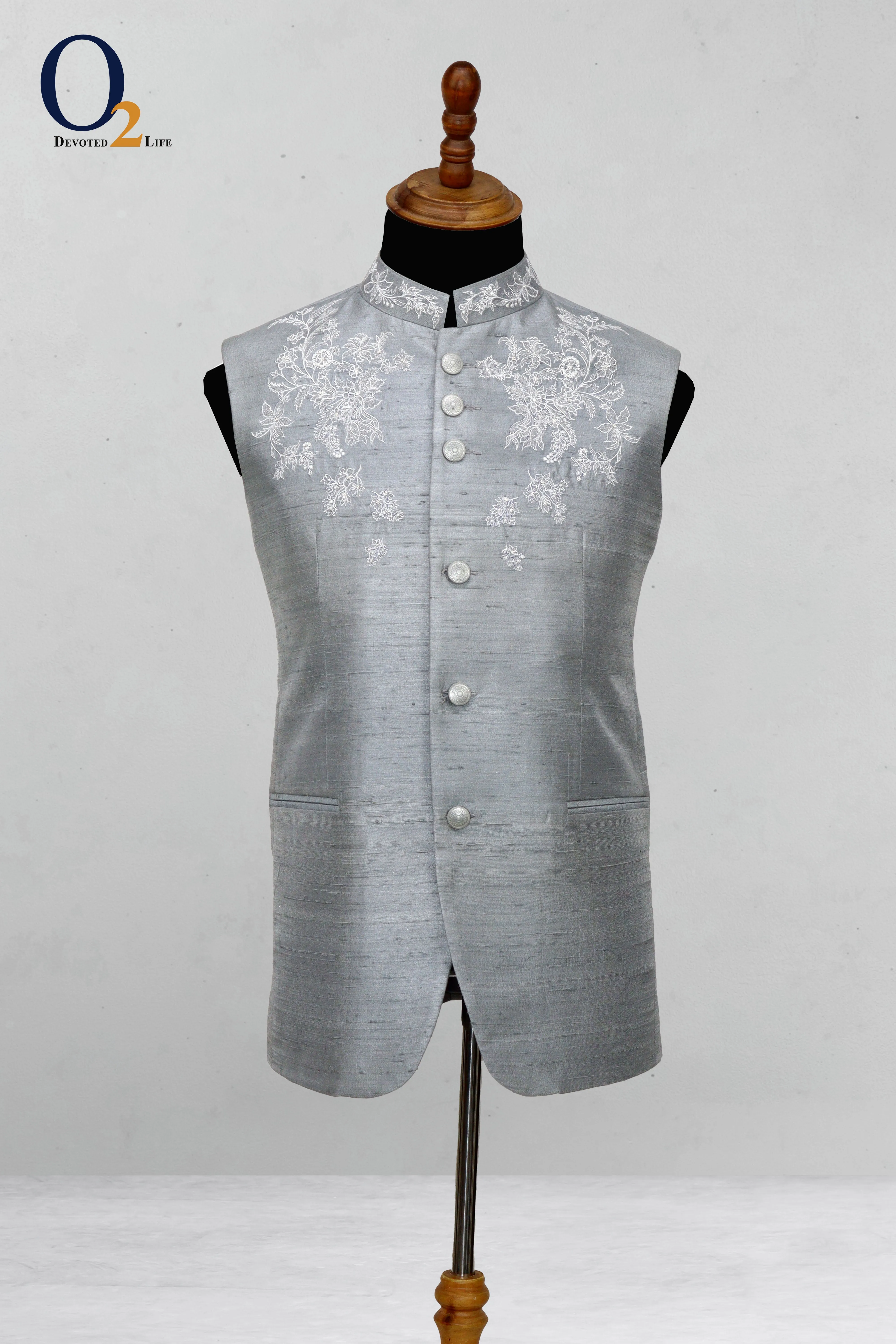 Men Grey Embro handwork Slim Fit Party Vest