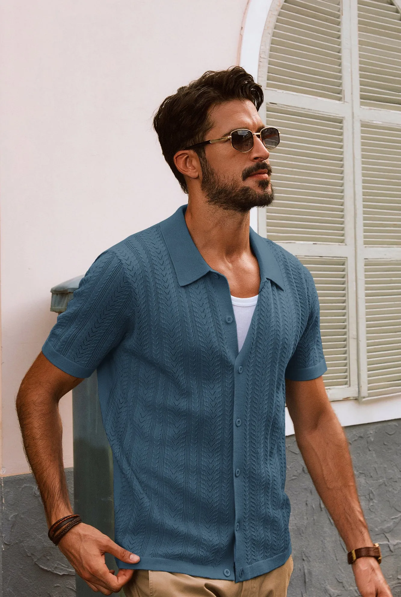 Men Textured Knitted Cardigan Short Sleeve Lapel Collar Button-up Sweater