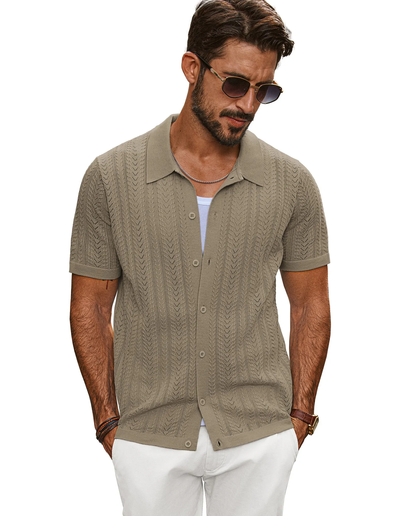 Men Textured Knitted Cardigan Short Sleeve Lapel Collar Button-up Sweater