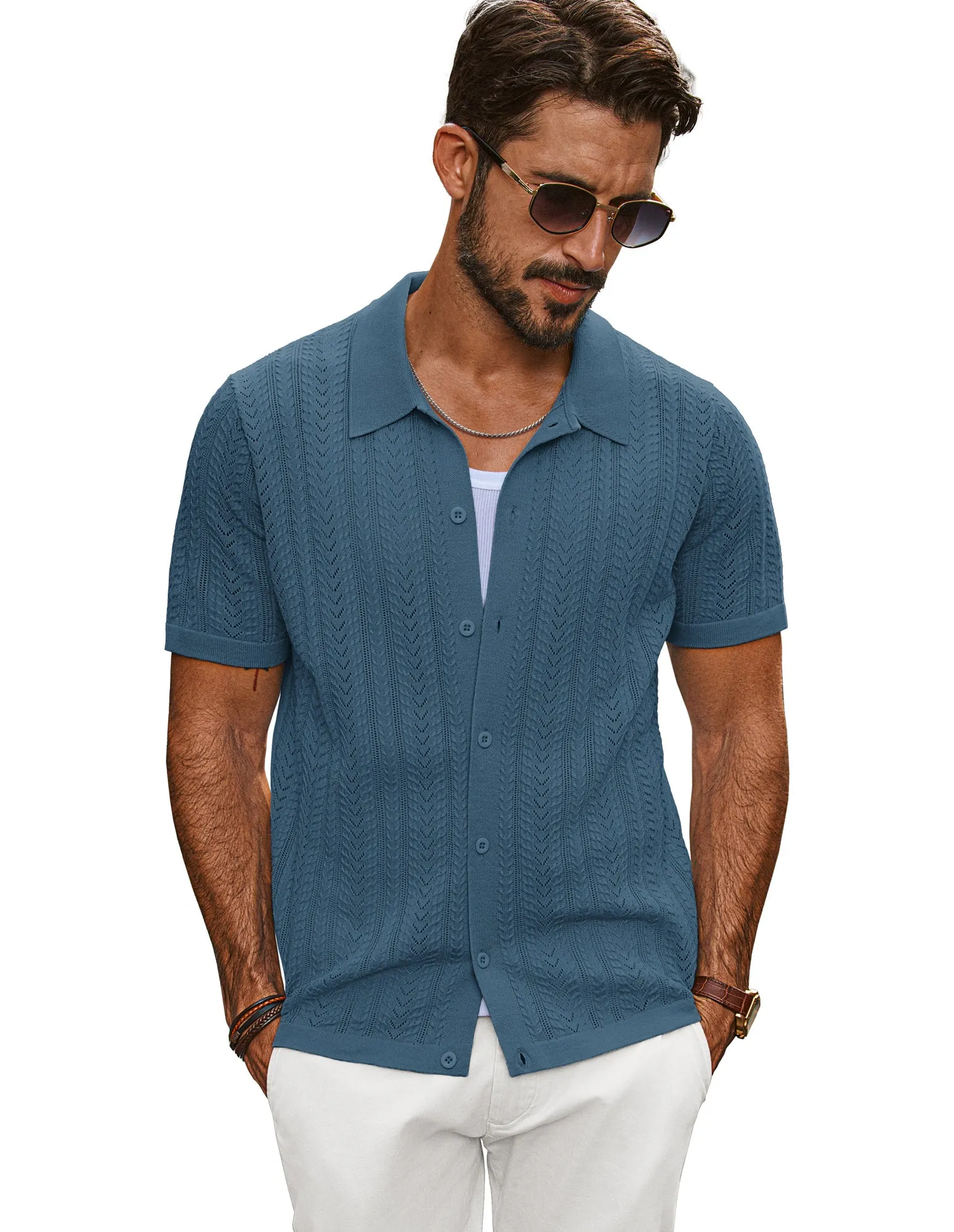 Men Textured Knitted Cardigan Short Sleeve Lapel Collar Button-up Sweater