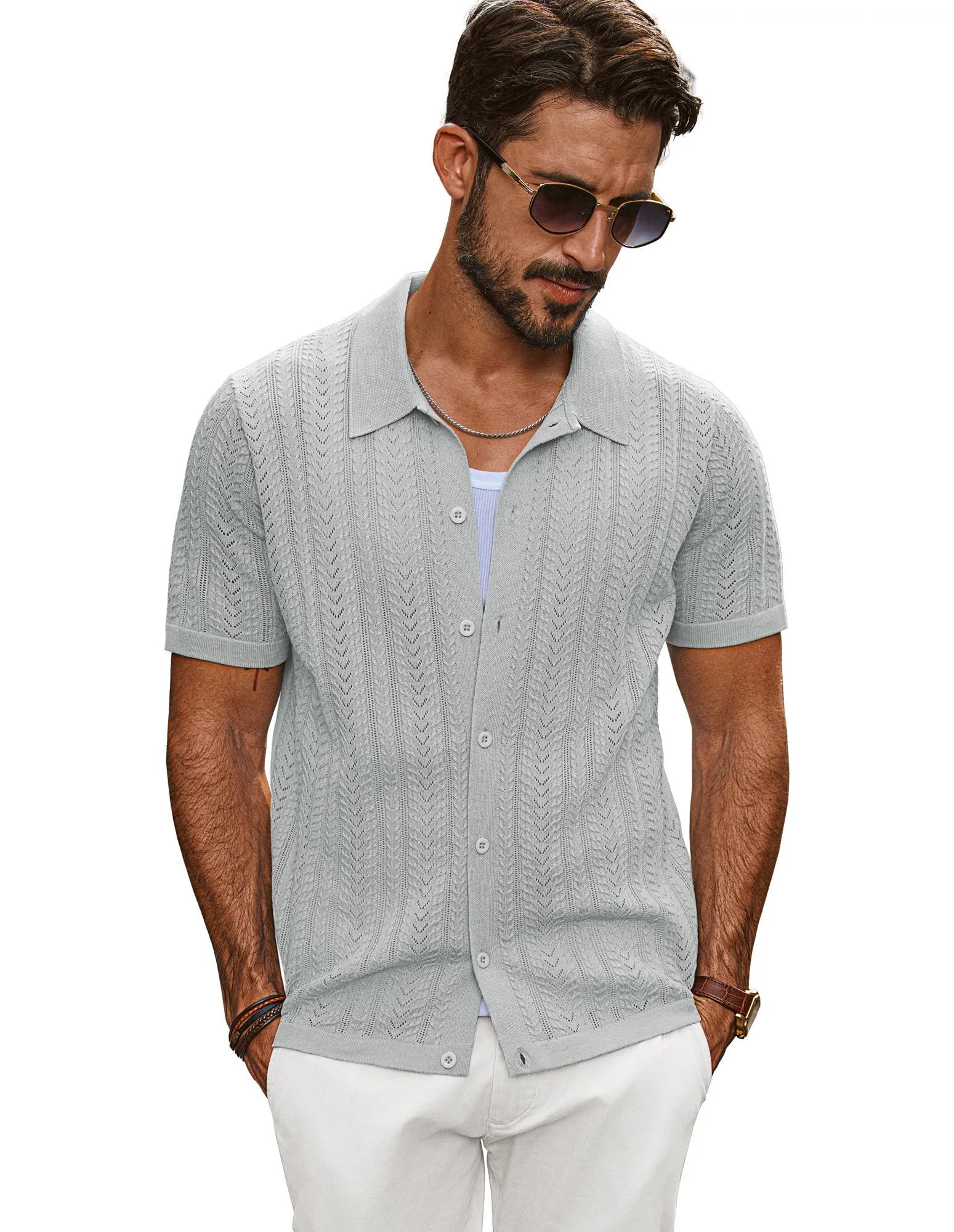 Men Textured Knitted Cardigan Short Sleeve Lapel Collar Button-up Sweater