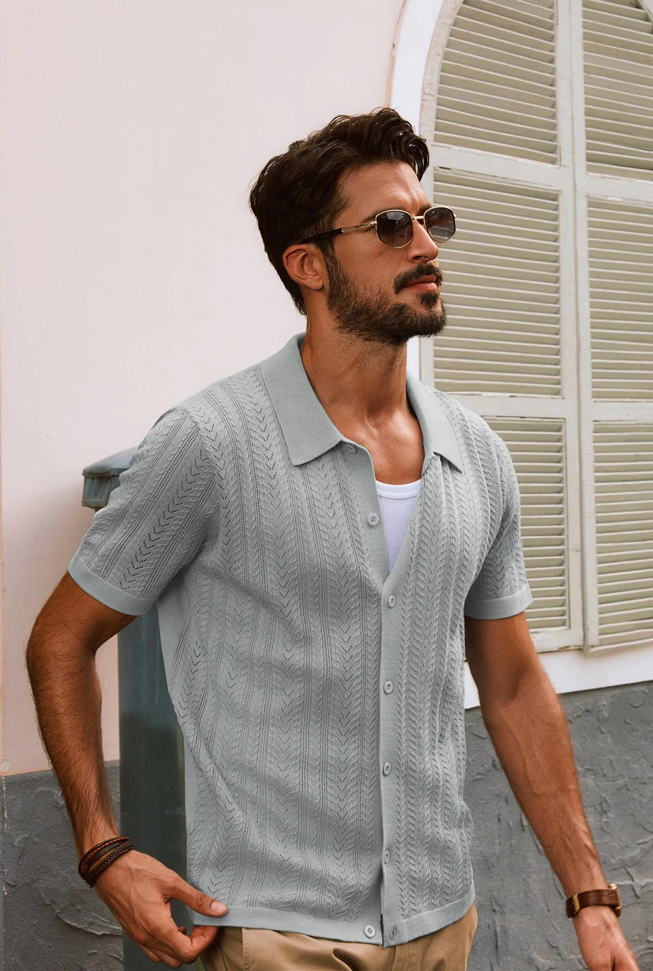 Men Textured Knitted Cardigan Short Sleeve Lapel Collar Button-up Sweater