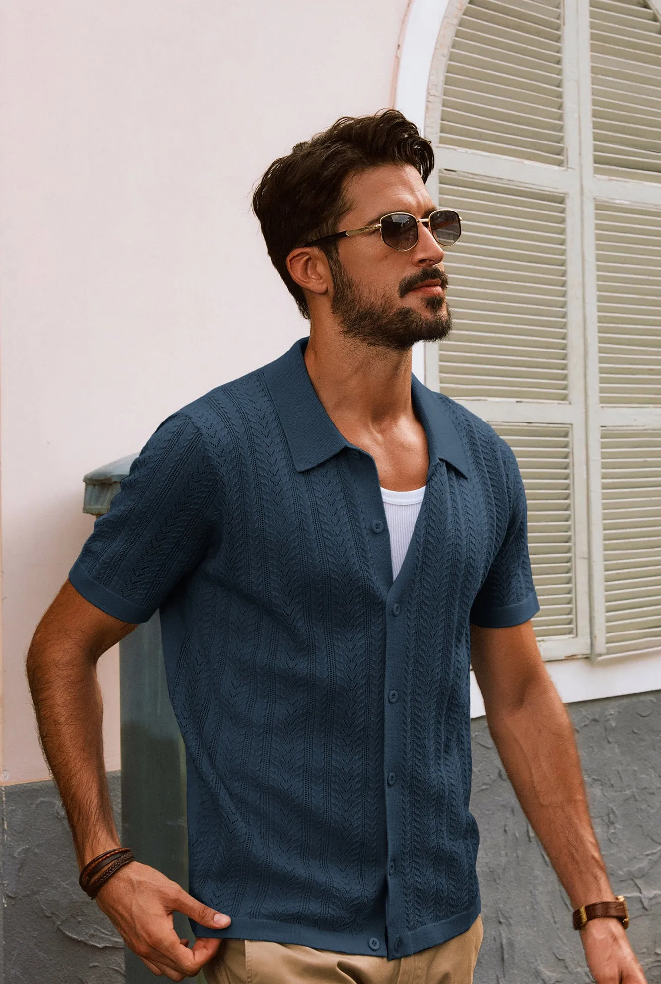 Men Textured Knitted Cardigan Short Sleeve Lapel Collar Button-up Sweater